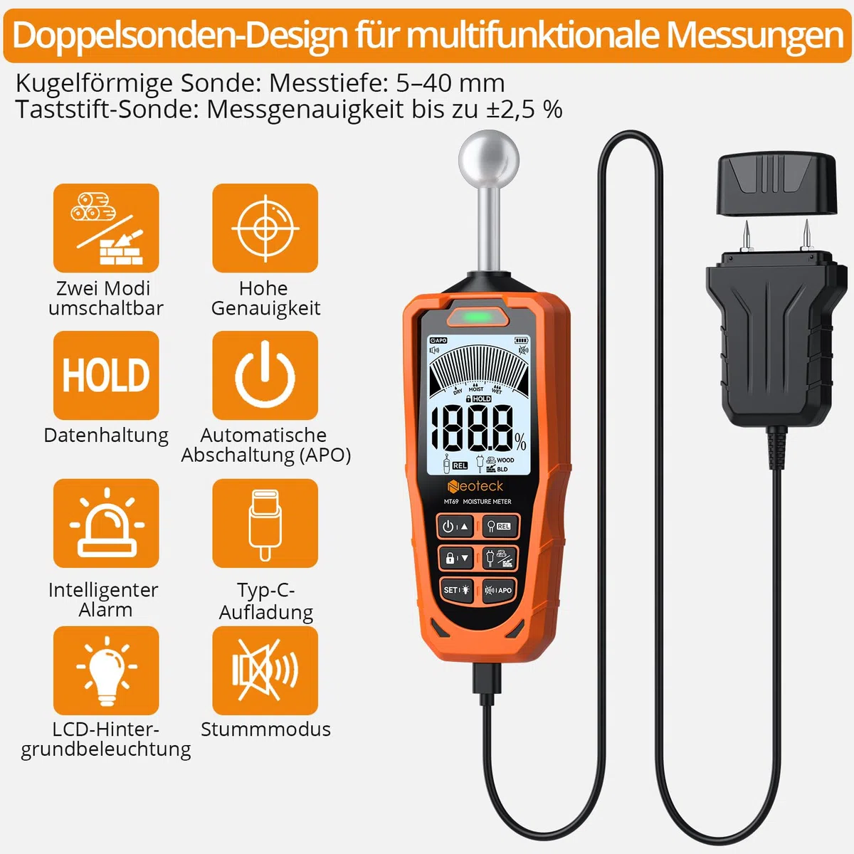 Neoteck Feuchtigkeitsmessgerät Pin&Pinless 2-in-1 Dual-Sonden mit LCD und akustischem Alarm