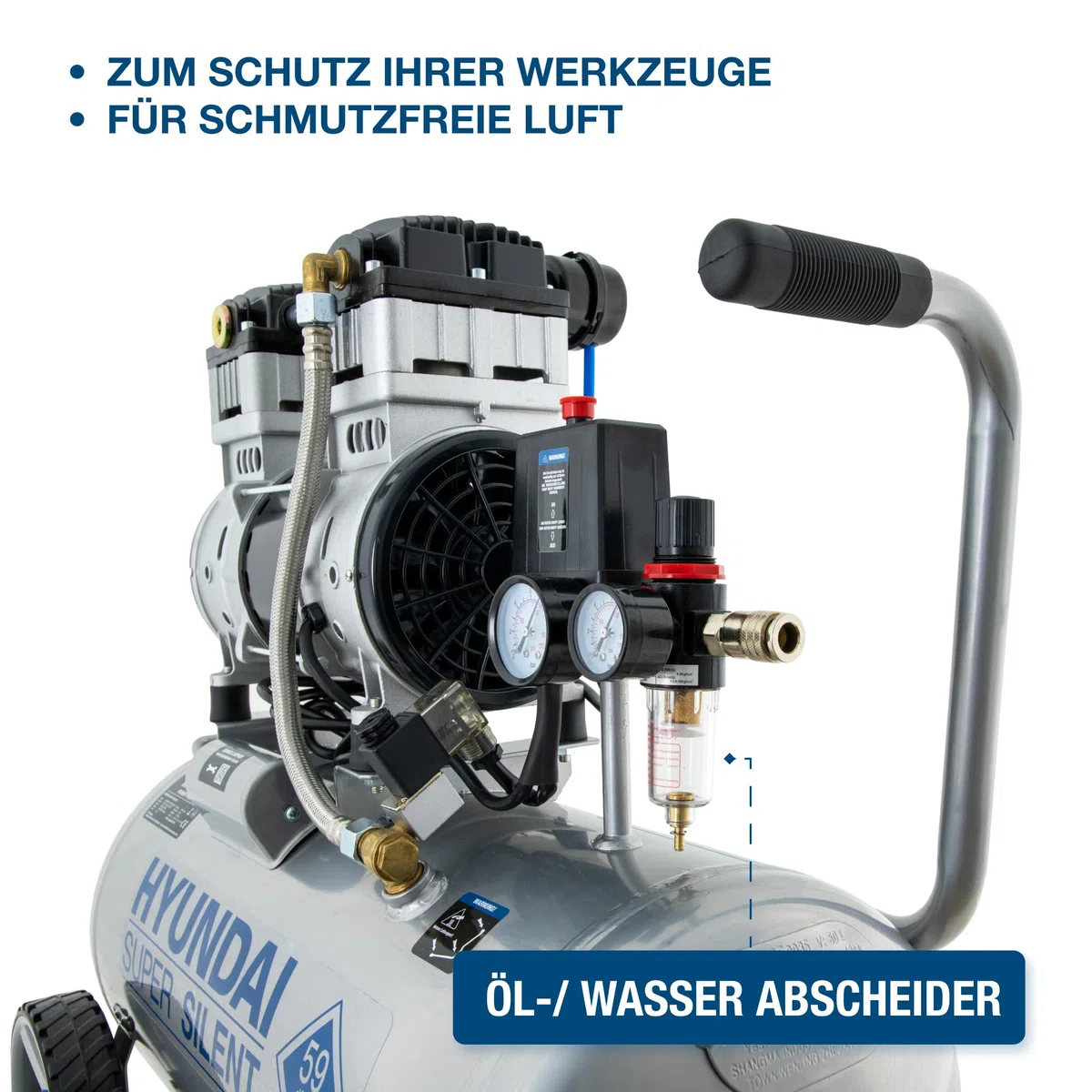 HYUNDAI Silent Kompressor SAC55753 | 50L Kessel, 8bar, ölfrei | 1.5kW / 2.0PS | Ansaugleistung 232 L/Min | Öl-Wasserabscheider | 59dB Luftkompressor leise, Flüster-Kompressor
