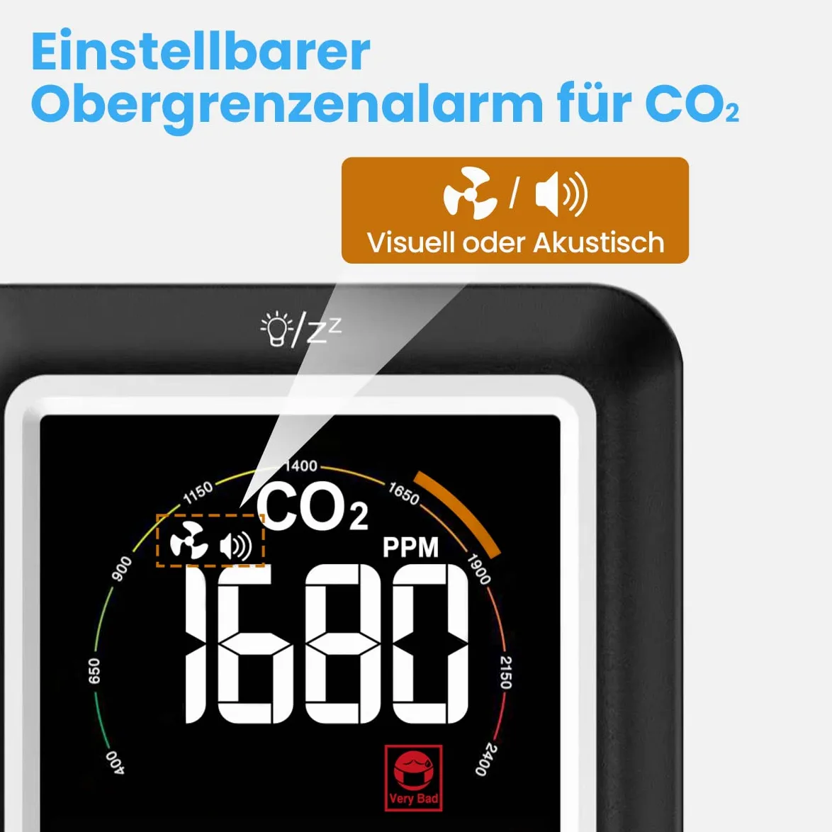 Newentor CO2 Messgerät, NDIR, 4 CO2-Konzentrationsstufen mit Alarm, Batteriebetrieb & USB-Anschluss, Schwarz
