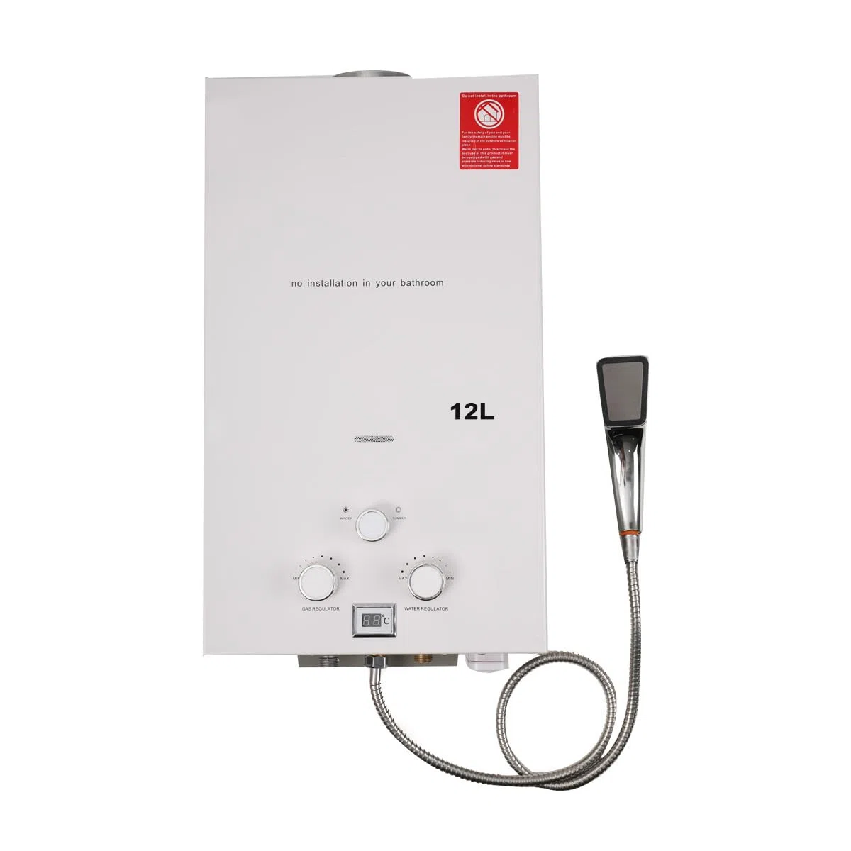 12L Gas Durchlauferhitzer,24KW LPG Warmwasserbereiter Instant Heißwasserbereiter Flüssiggas Durchlauferhitzer Warmwasserspeicher mit Plating-Duschkopf-Set,Weiß