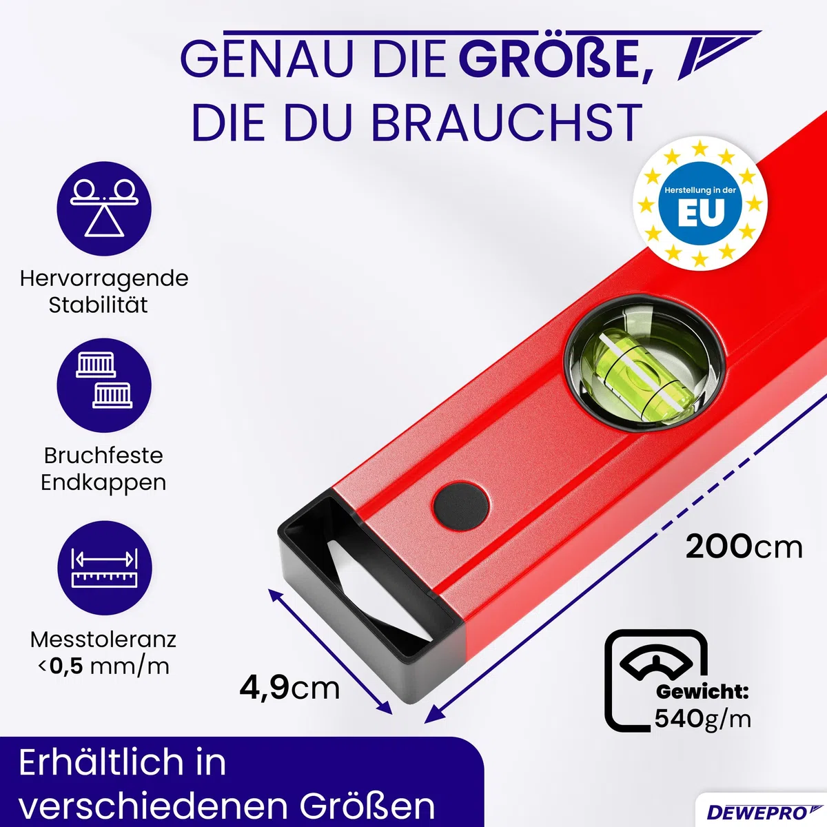 DEWEPRO Profi Wasserwaage Aluminium Rot 200 cm - Messgenauigkeit 0,5 mm/m | Robuste Alu-Wasserwaage mit 2 Blocklibellen, 49 x 22 mm Profil und schlagfesten Endkappen für exaktes Ausrichten.