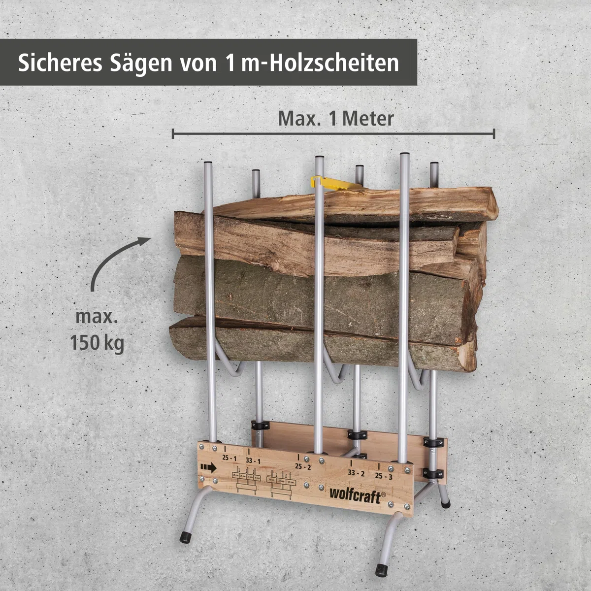 wolfcraft Sägebock klappbar - Holzschneidebock mit Auswurfsicherung | Kettensäge-Scherenbock, Tragkraft 150 kg, Säge-Markierungen für 25 & 33 cm, robust und stabil - Made in Europe - 5121000