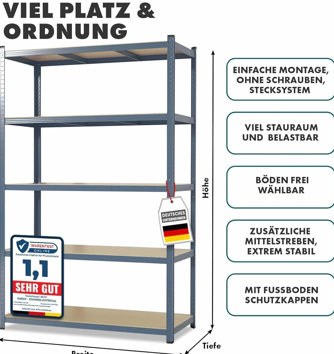 Floordirekt Schwerlastregal - Steckregal, Kellerregal, Lagerregal, Werkbank - Traglast bis 1250 kg - Schnelle Montage (Anthrazit-Grau, 180 x 90 x 45 cm)