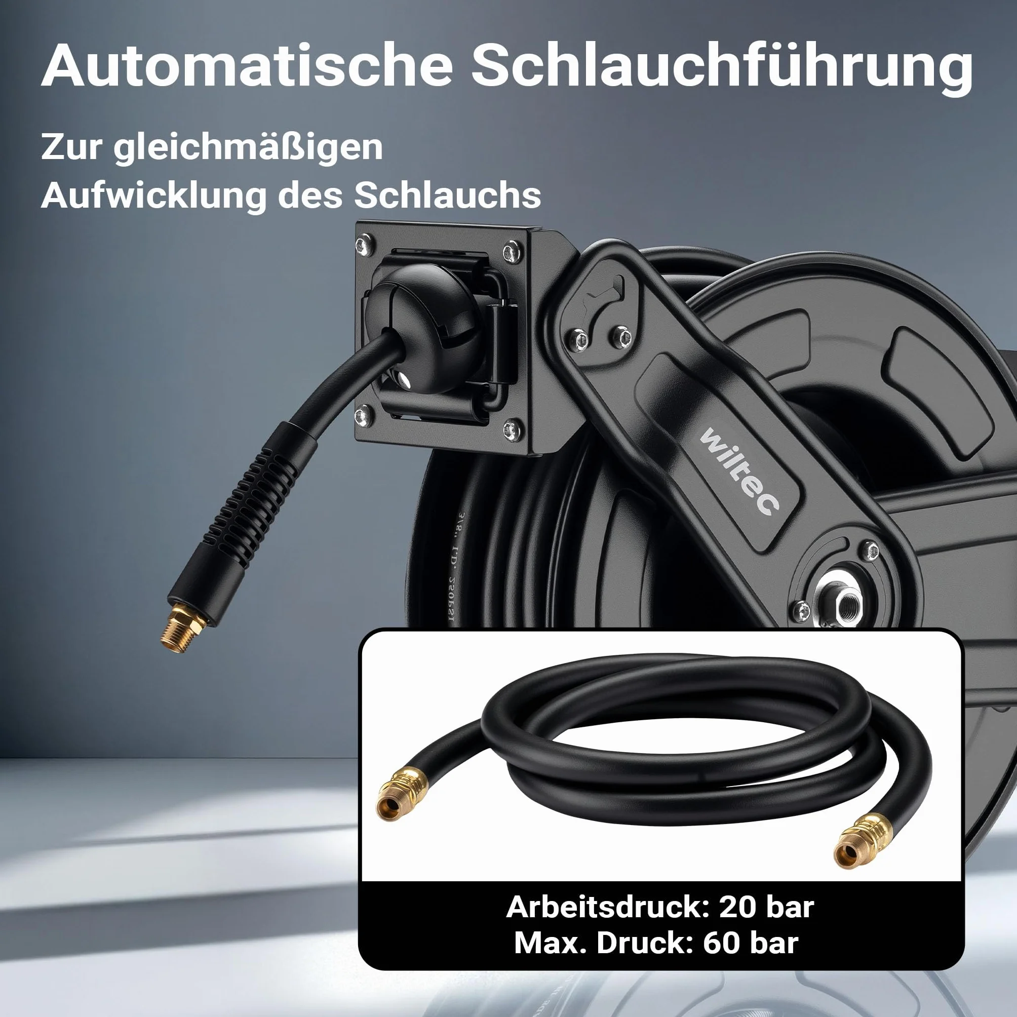 Wiltec Druckluft Schlauchtrommel 20 m, automatische Druckluftschlauchtrommel Stahl, 20 bar Drucklufttrommel, Schlauchaufroller einfache Montage