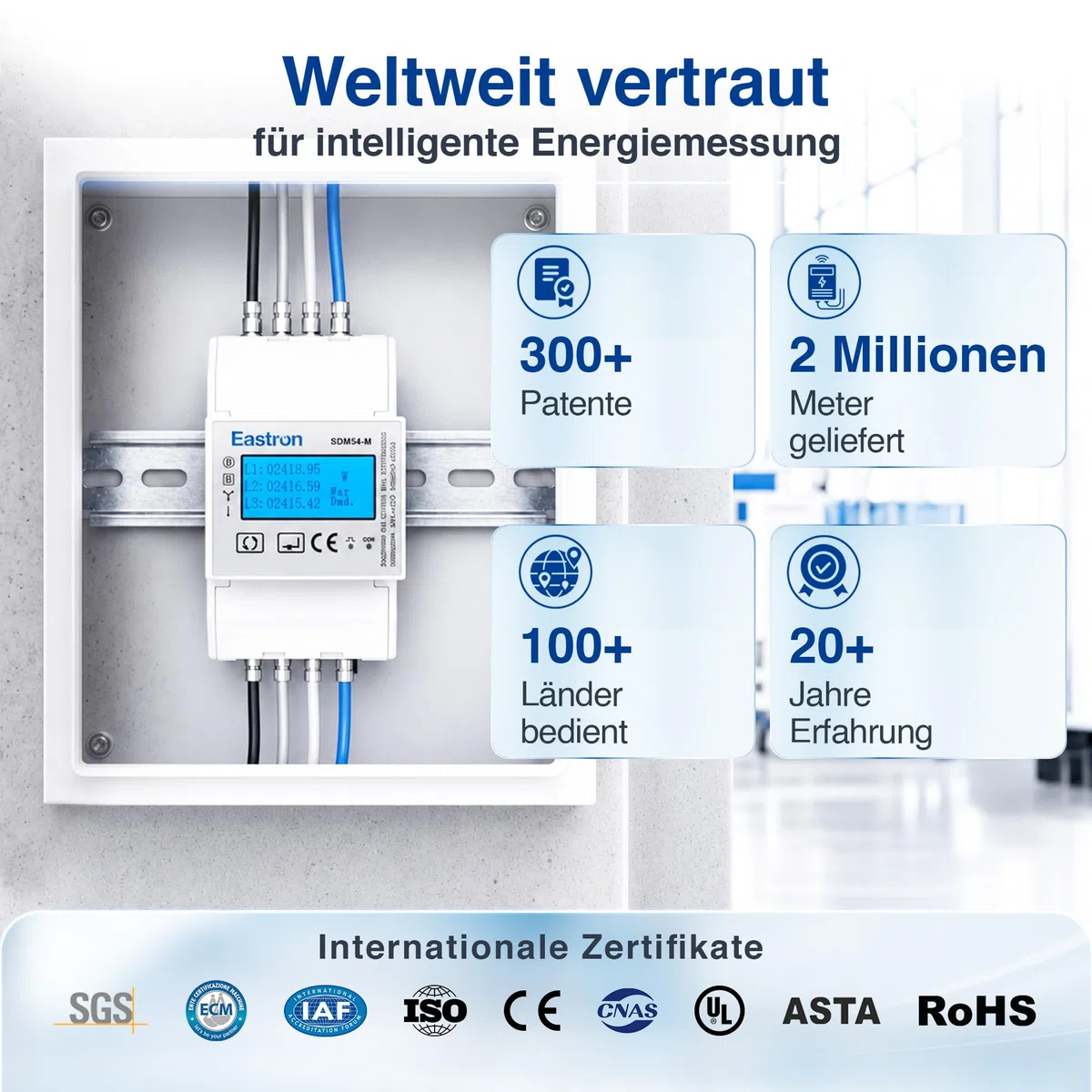 Eastron SDM54-M MID-zertifiziertes dreiphasiges 100-A-Direktanschluss-DIN-Schienen-RS485-Modbus-MID-Messgerät für EV-Ladegeräte und Solarsysteme