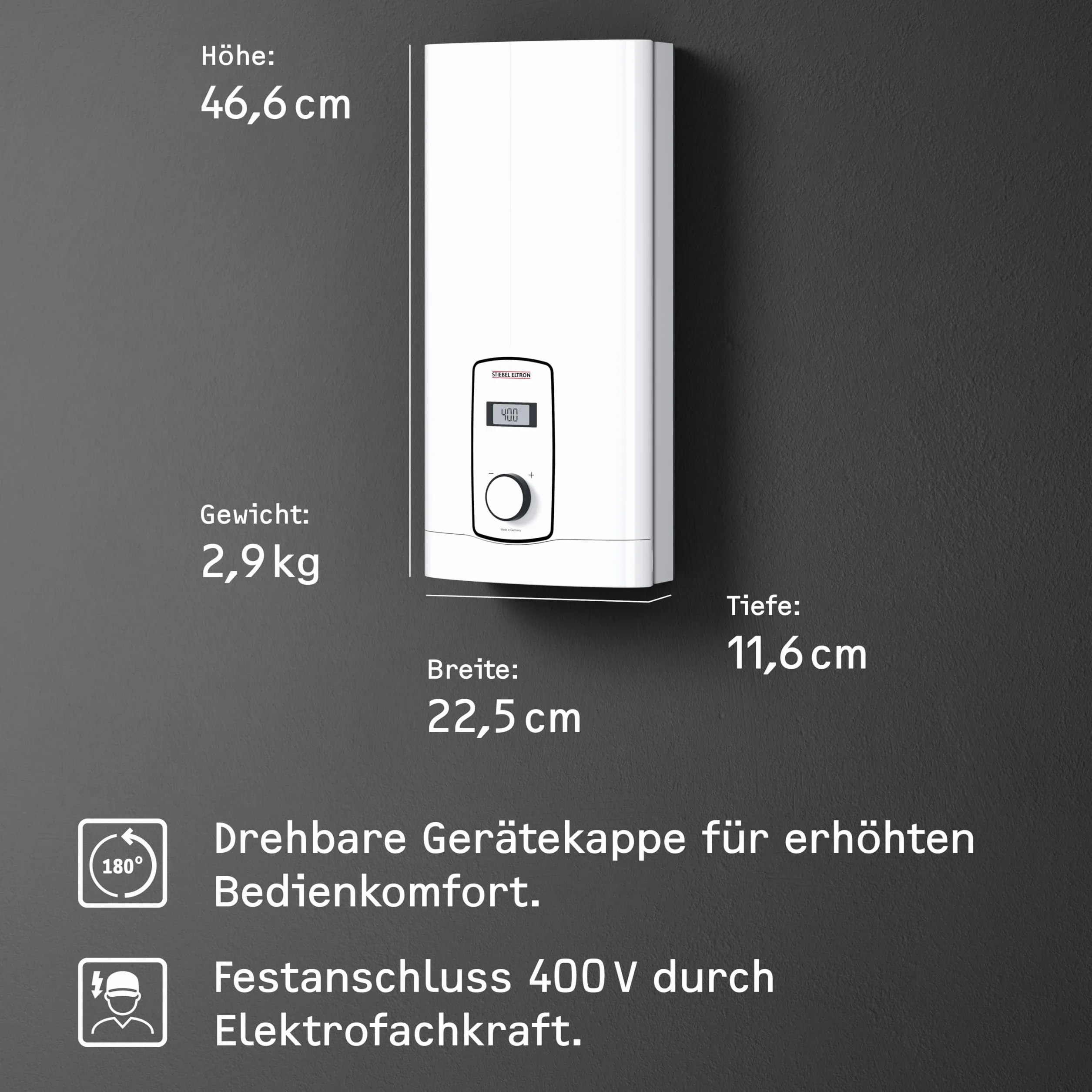 STIEBEL ELTRON elektronisch geregelter Durchlauferhitzer DHB-E 18/21/24 LCD, umschaltbar, druckfest, LC-Display, gradgenaue Wunschtemperatur, 236745