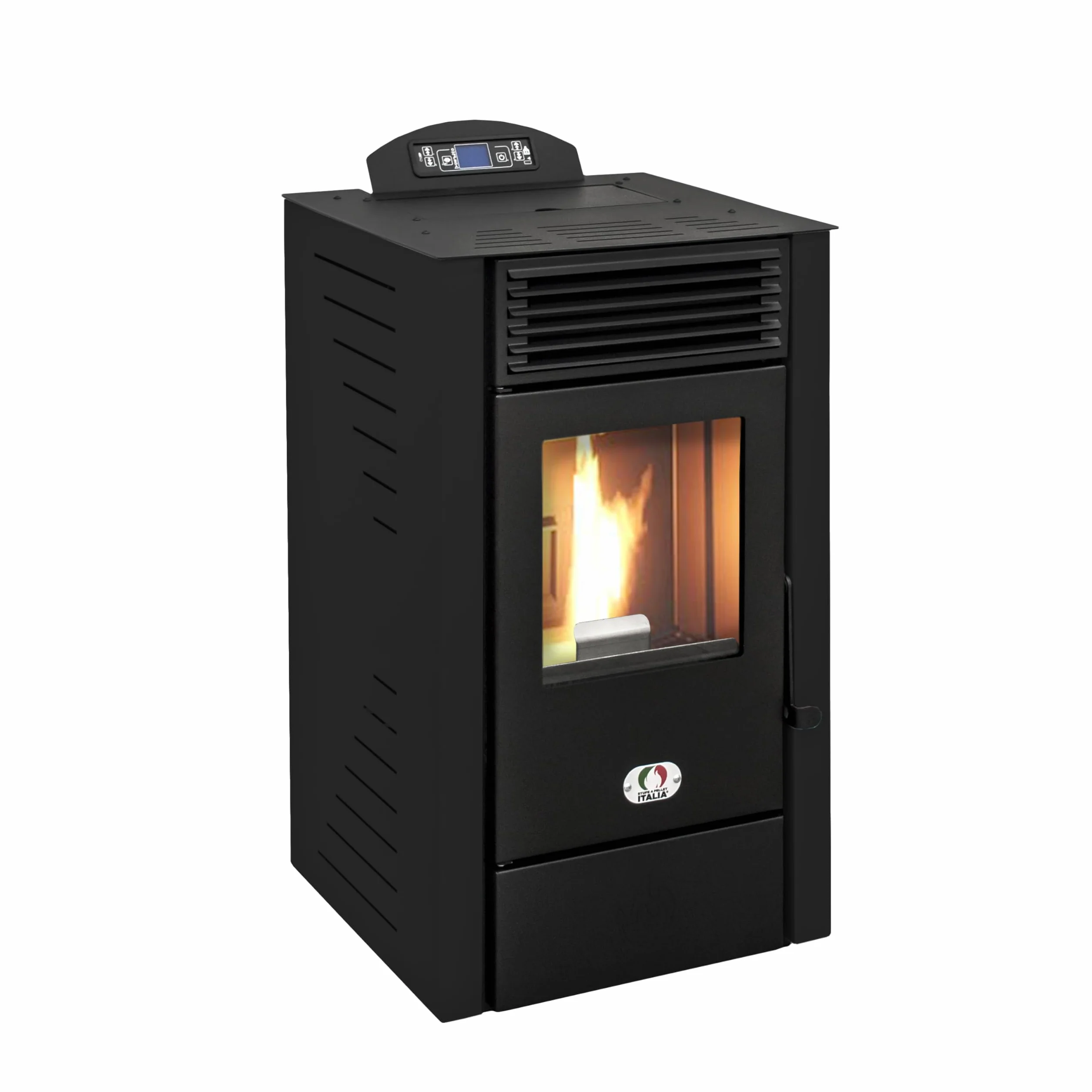 STUFE A PELLET ITALIA California 8 KW WiFi | Pelletöfen Effizienz 91% Heizt 70m² Autonomie 20 Std. Programmierbar WiFi-Steuerung 5 Geschwindigkeiten und Kräfte Kompaktes Design 24 M Garantie Schwarz