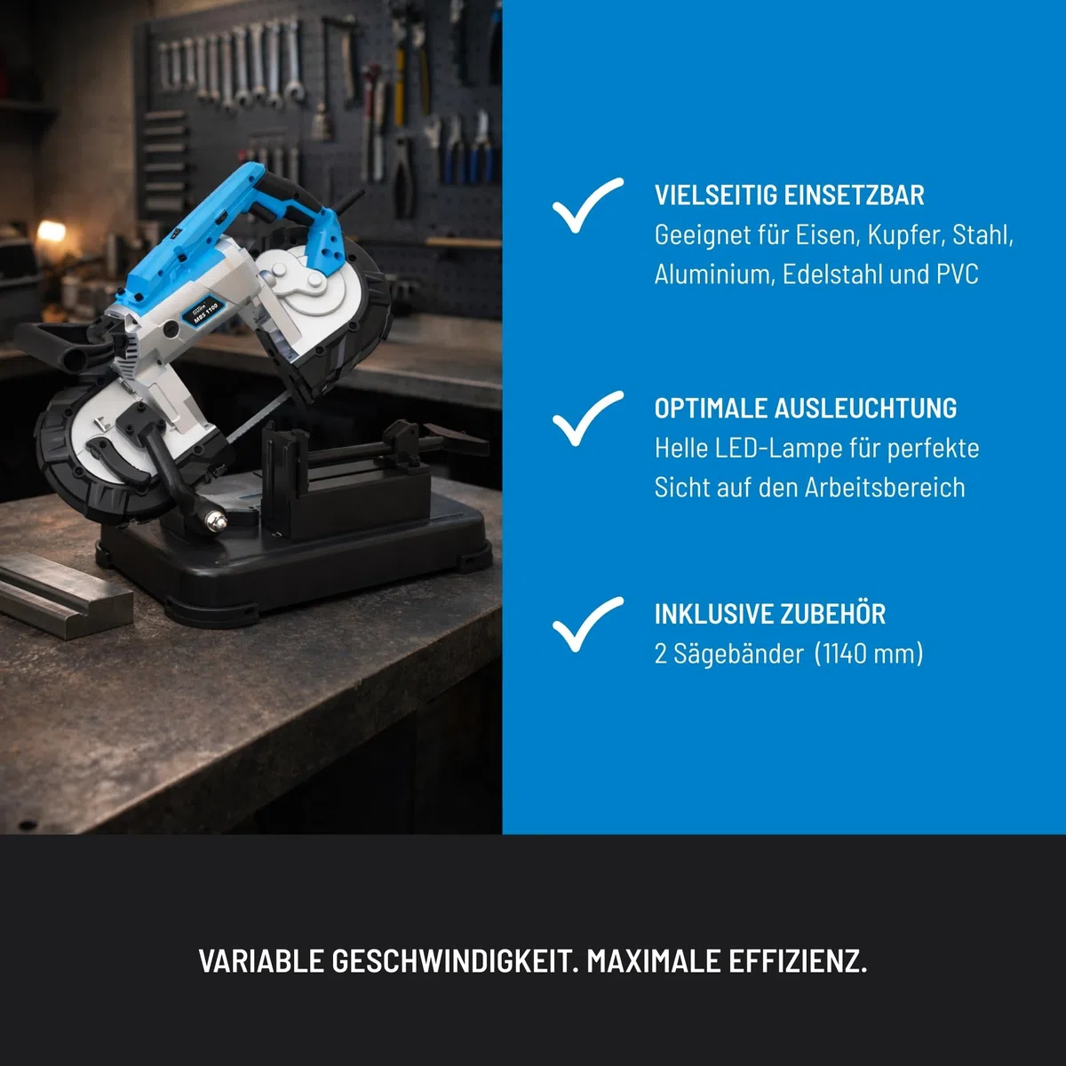 Güde Metallbandsäge MBS 1100 (1100 W, abnehmbarer Arbeitstisch (stationären & mobilen Einsatz), Bandgeschwindigkeit 144 m/min, 2 Sägebänder 1140 mm, LED Licht, Schnittleistung bis 100 mm/ø120 mm)