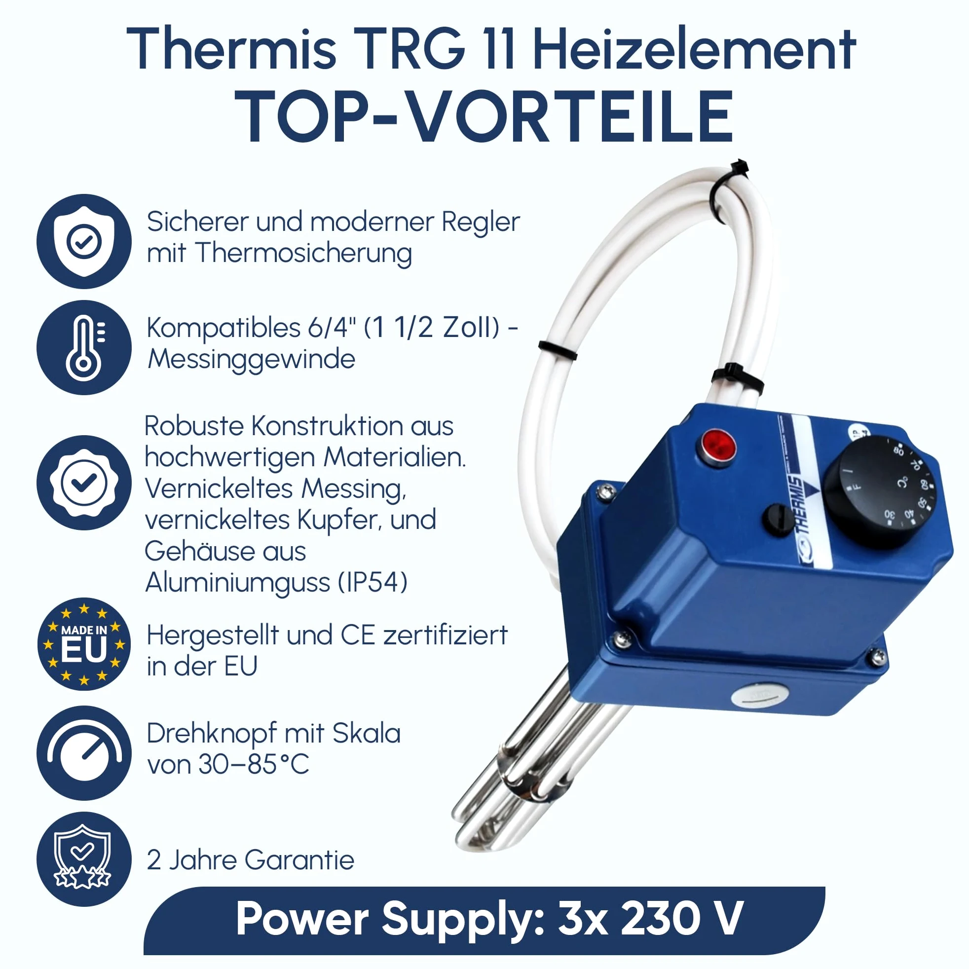 TRG 11 Heizstab - Heizpatrone mit Thermostat, 1 1/2 Zoll (G6/4) Gewinde, 4,5kW 3/230 V (5 cable) - Heizelement für Boiler, Warmwasserspeicher, Wasserheizung