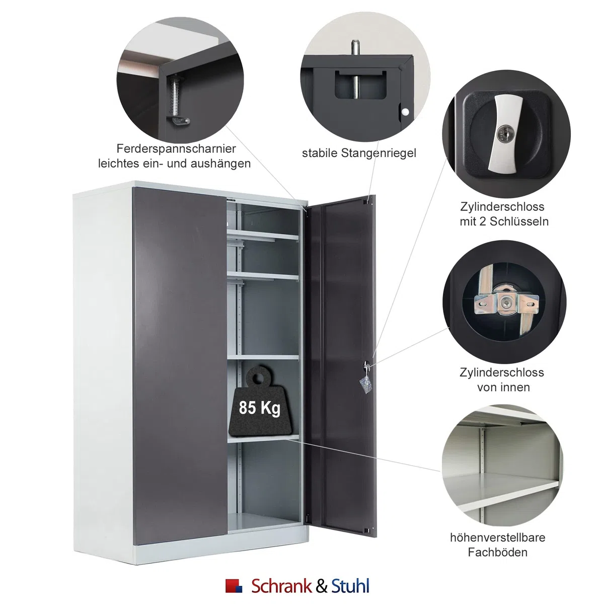 Schrank & Stuhl Werkzeugschrank Koloss – Werkstattschrank mit 4 höhenverstellbaren Fachböden, Stahlschrank für Werkzeuge, 195 x 120 x 60 cm (H x B x T), Grau/Anthrazit