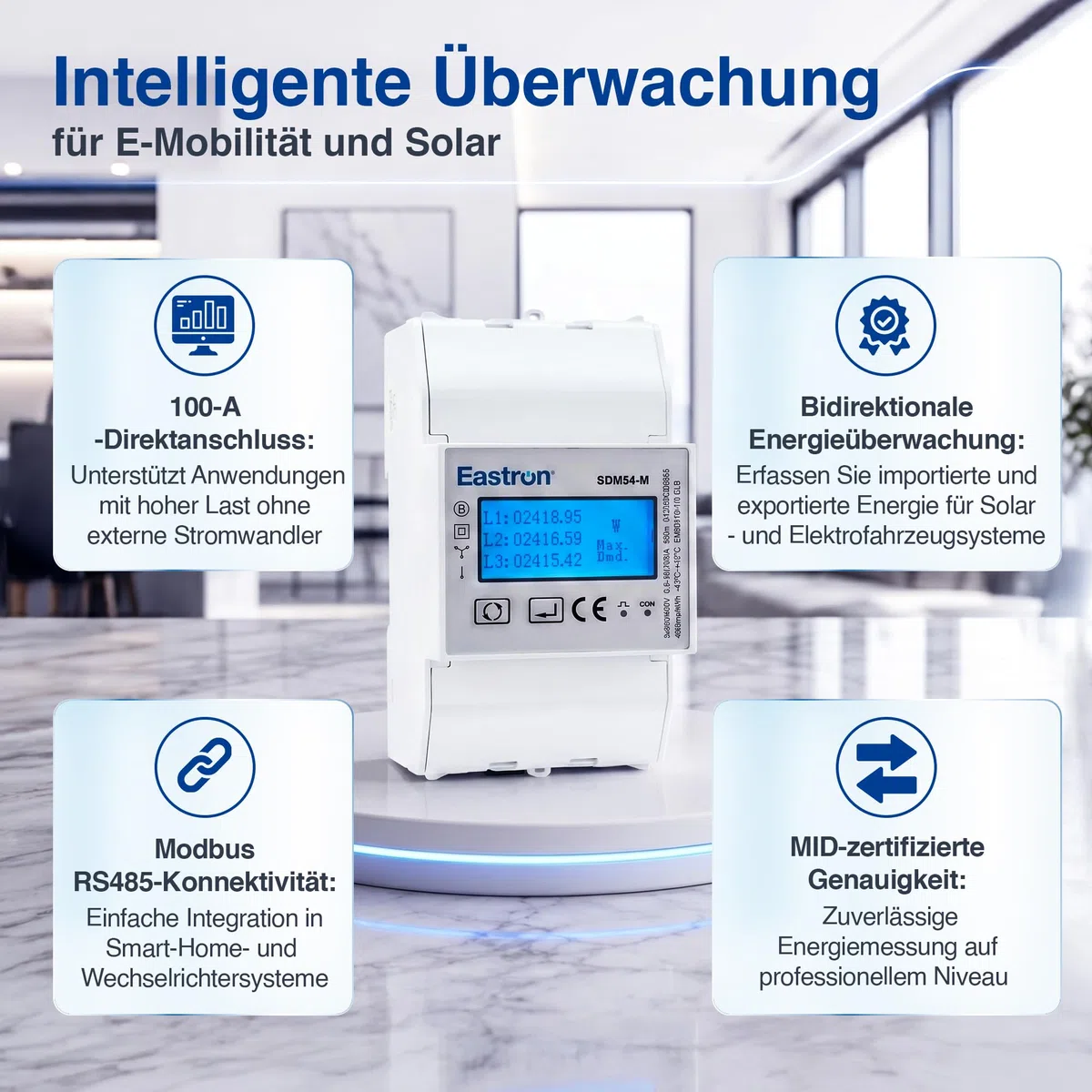 Eastron SDM54-M MID-zertifiziertes dreiphasiges 100-A-Direktanschluss-DIN-Schienen-RS485-Modbus-MID-Messgerät für EV-Ladegeräte und Solarsysteme