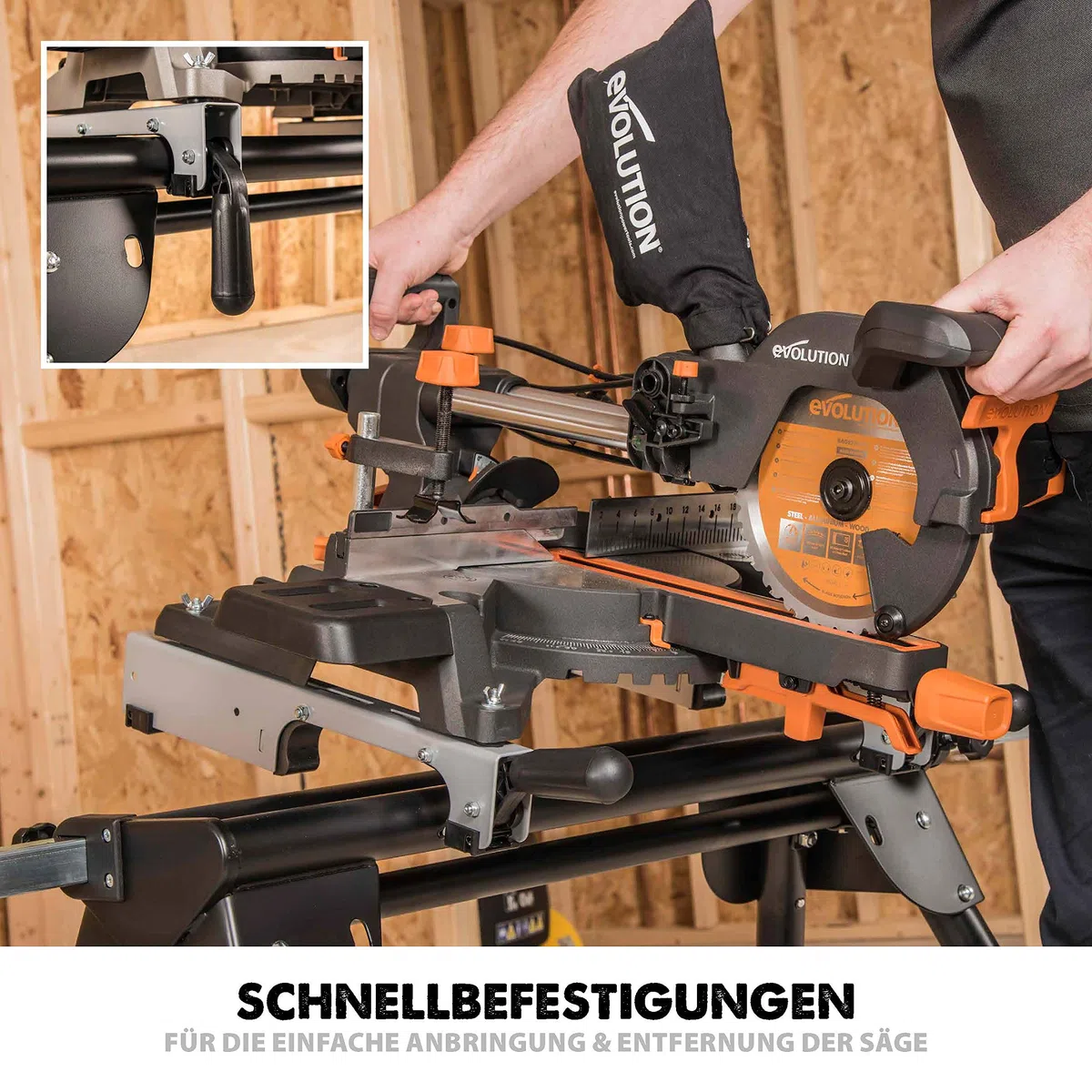 Evolution Arbeitstisch Untergestell für Gehrungssägen Elektrowerkzeuge - Universell passend für Evolution, Einhell, Metabo, Makita, DeWalt, Bosch - Kompakter klappbarer Ständer mit ausziehbaren Armen
