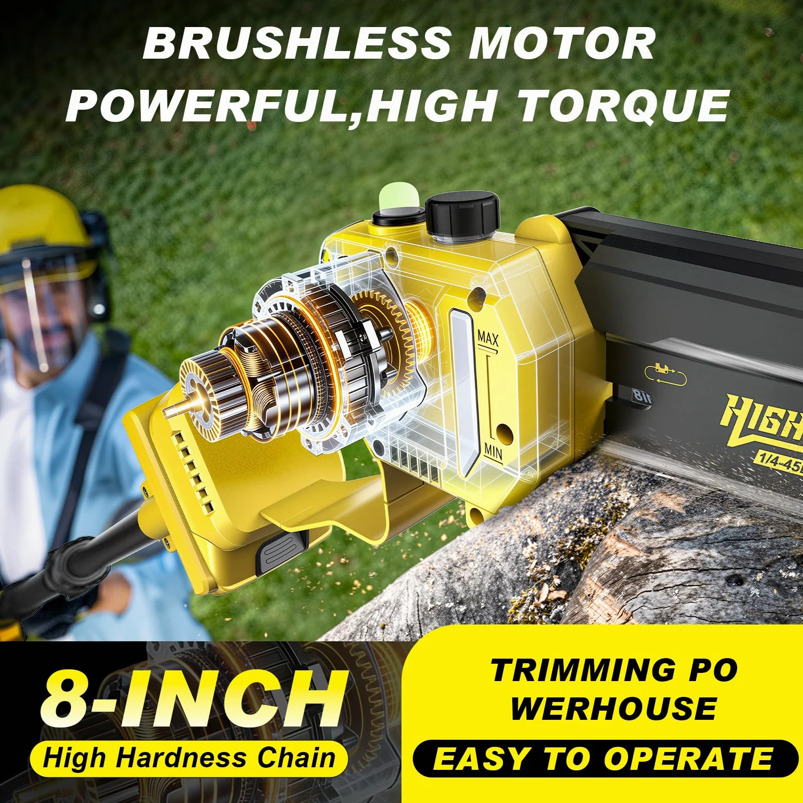 2-in-1 Akku Kettensäge & Astsäge Akku für Makita 18V, 8 Zoll Bürstenloser Mini Kettensäge mit Akku 2×4.0Ah, Verlägerungsstange Bis 4.2m, 180° Sägekopf, Elektrische Hochentaster für Ast & Holzschneiden