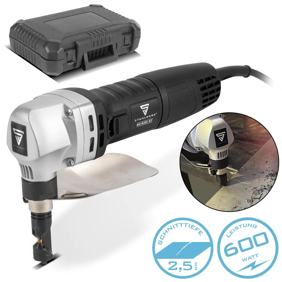 STAHLWERK Blechknabber (BK-600 ST) – 600 W Nibbler mit 2.000 U/min, 360° drehbarem Kopf, bis 2,5 mm Schnitttiefe, elektrische Blechschere/Blechschneider für präzises Schneiden von Metall und Aluminium