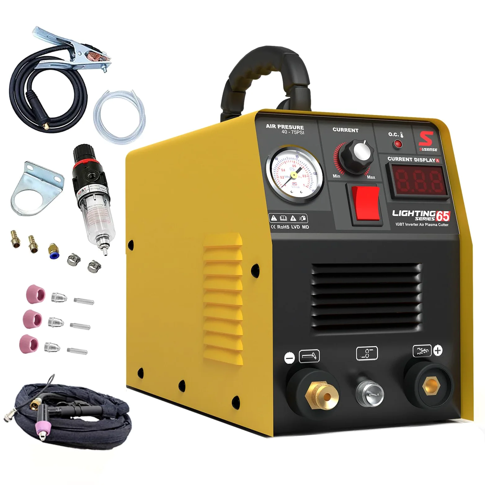 SUSEMSE Plasmaschneider 65 Ampere IGBT Inverter Plasma Cutter (DC, 230V, Schneidstrom 20-65 A, Schneidleistung max bis 16 mm) - mit Plasmabrenner und Plasma Düsen Set