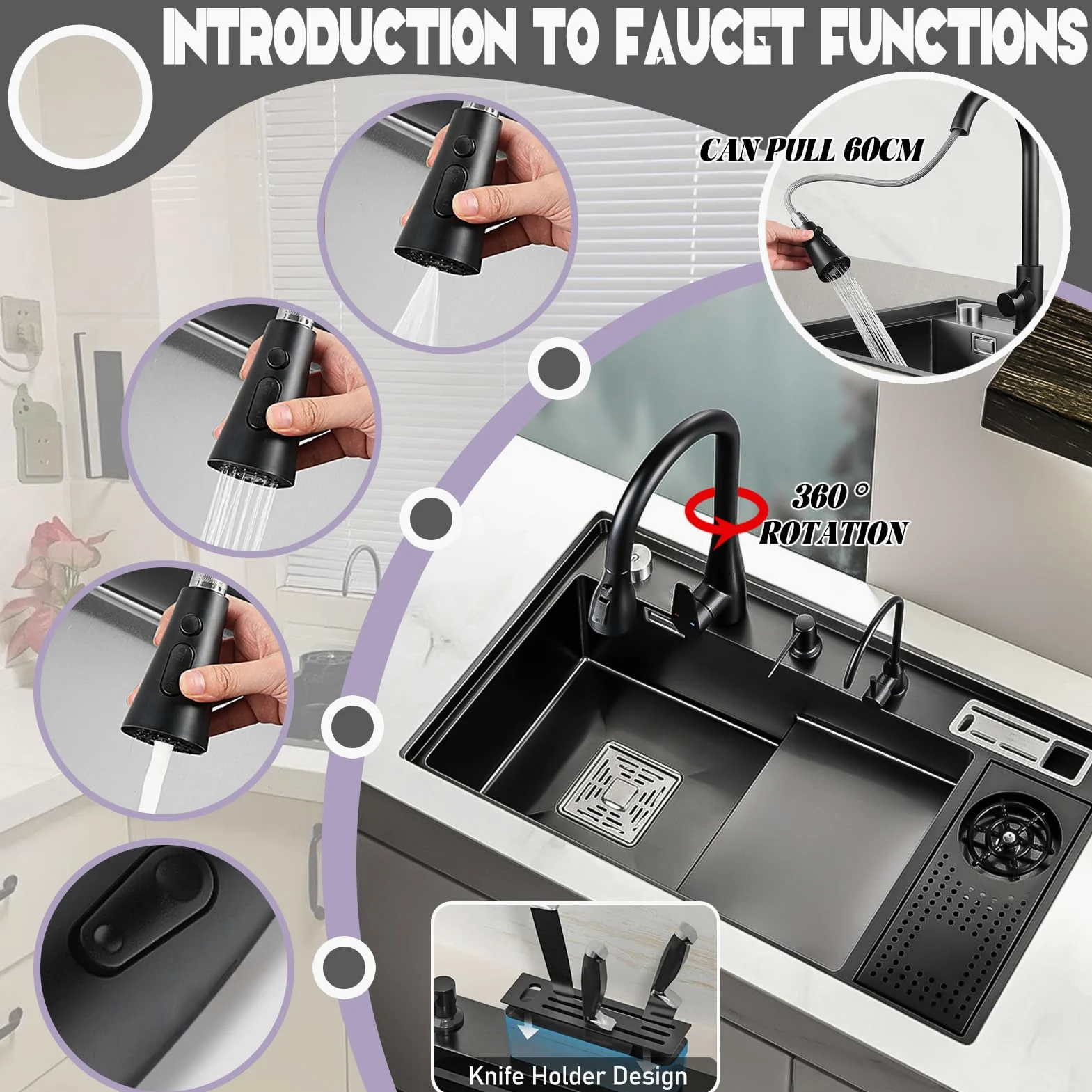 86x50cm Schwarze Küchenspüle, Bar Spüle Aus Edelstahl Mit Ausziehbarem Wasserhahn, 1 Becken Bauernhausspüle Mit Einzelbecken, Mit Tassenspüler, Seifenspender Und Komplettem Abflussset