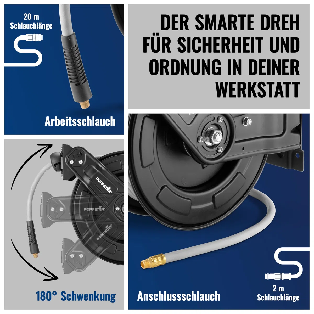 Poppstar Druckluftschlauchtrommel aus Stahl (20m+2m, Durchmesser (9,2x15mm)), Anschlüsse 1/4 Zoll BSPT