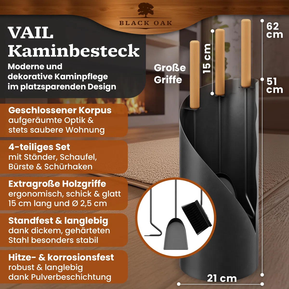 BLACK OAK Kaminbesteck VAIL 4-teilig - modernes Ofenbesteck Set schwarz mit Holzgriff 4 teilig mit Schürhaken Ascheschaufel Kaminbesen + Ständer modern Stahl - Kaminzubehör Kaminofen Besteck für Ofen