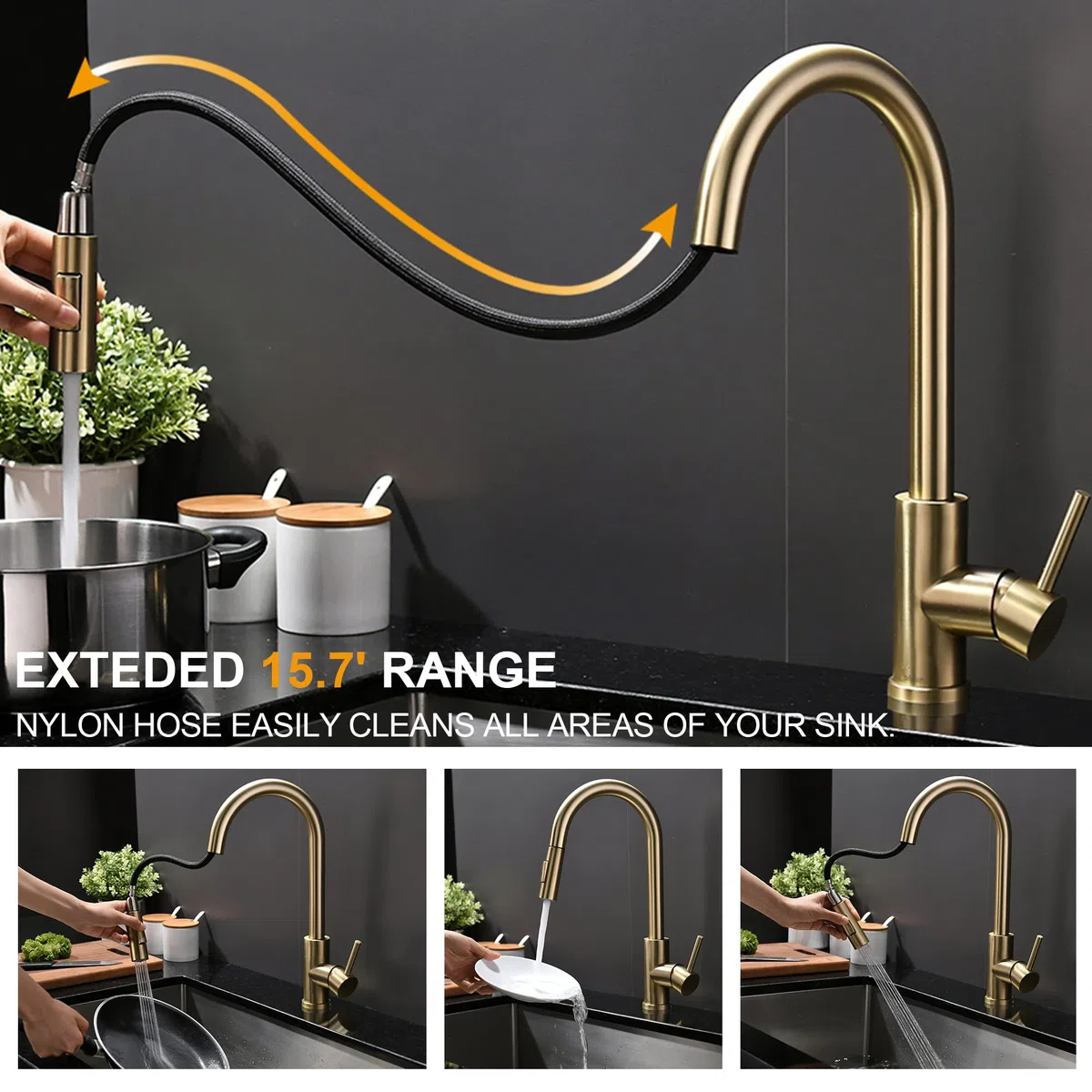 Tohlar Niederdruck Armatur Küche Gold, Niederdruck Wasserhahn Küche mit Ausziehbare Brause, Mischbatterien für Küche Moderner Edelstahl Spültischarmatur