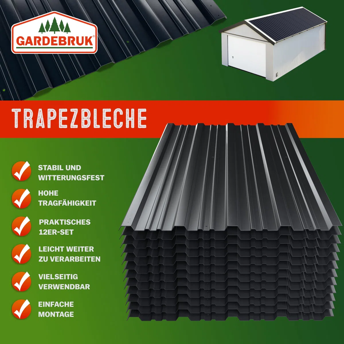 GARDEBRUK Trapezblech 129x46cm 7m² verzinkt Dachblech anthrazit