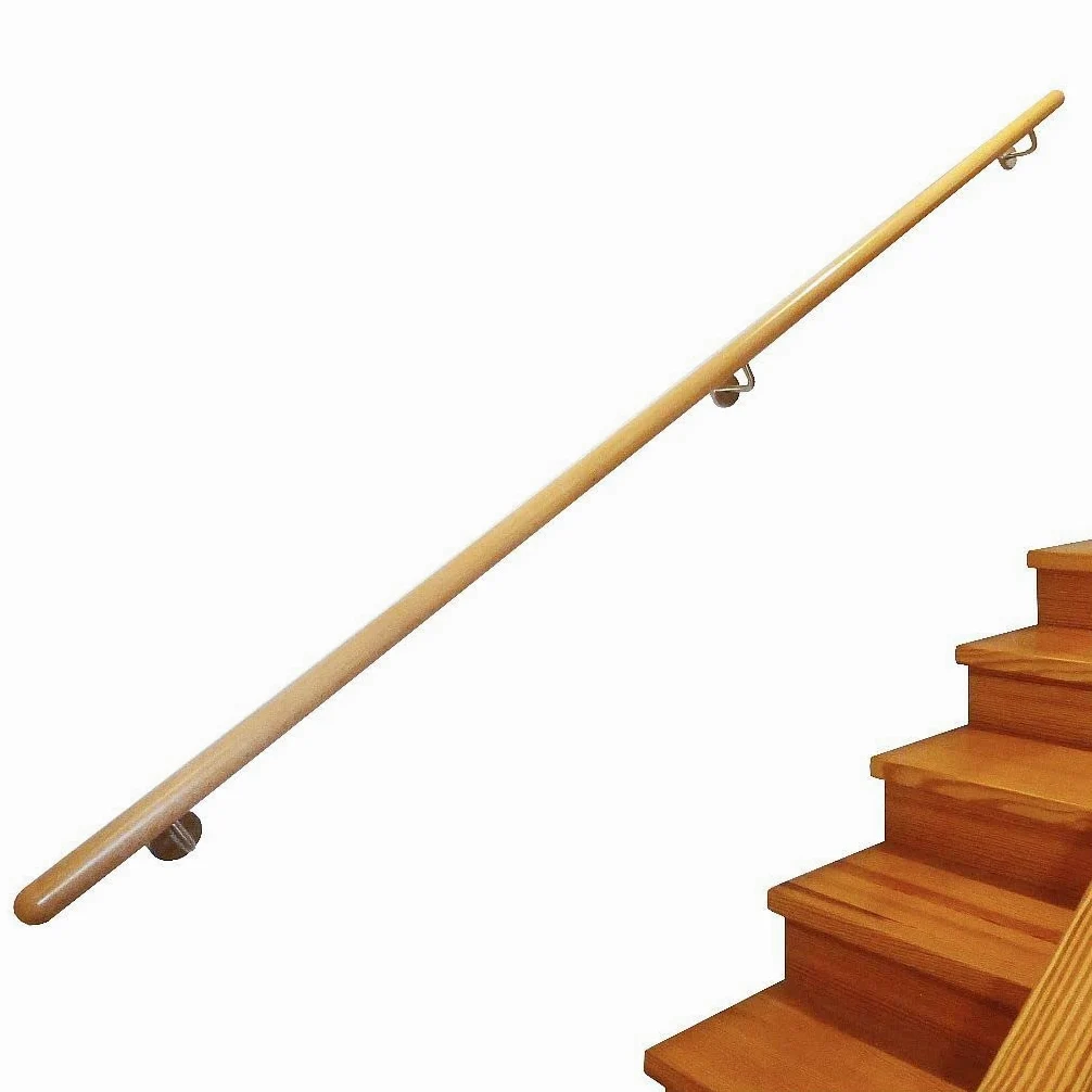 TIBU Buche Geländer Handlauf Treppe Holz Griff gew. Edelstahlhalter, Länge 30 - 500 cm aus einem Stück / Variante:150 cm mit 3 Halter Halbkugel gefräst