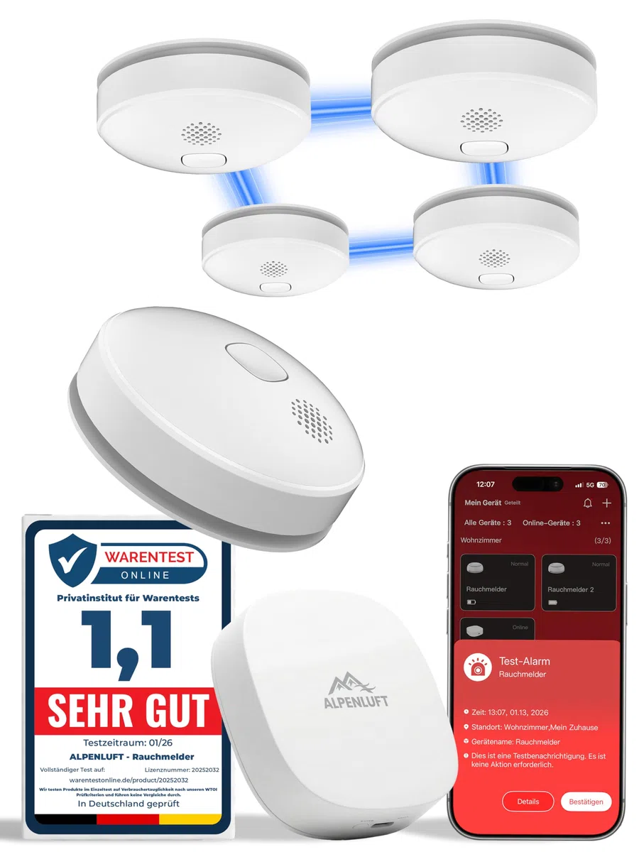 ALPENLUFT Rauchmelder mit Smart App 10 Jahre Batterie, TESTSIEGER Feuermelder Funk und WLAN Vernetzt, Rauchwarnmelder, Brandmelder, Funkrauchmelder Vernetzbar Ohne Bohren, Ohne LED Blinken, 5er + HUB