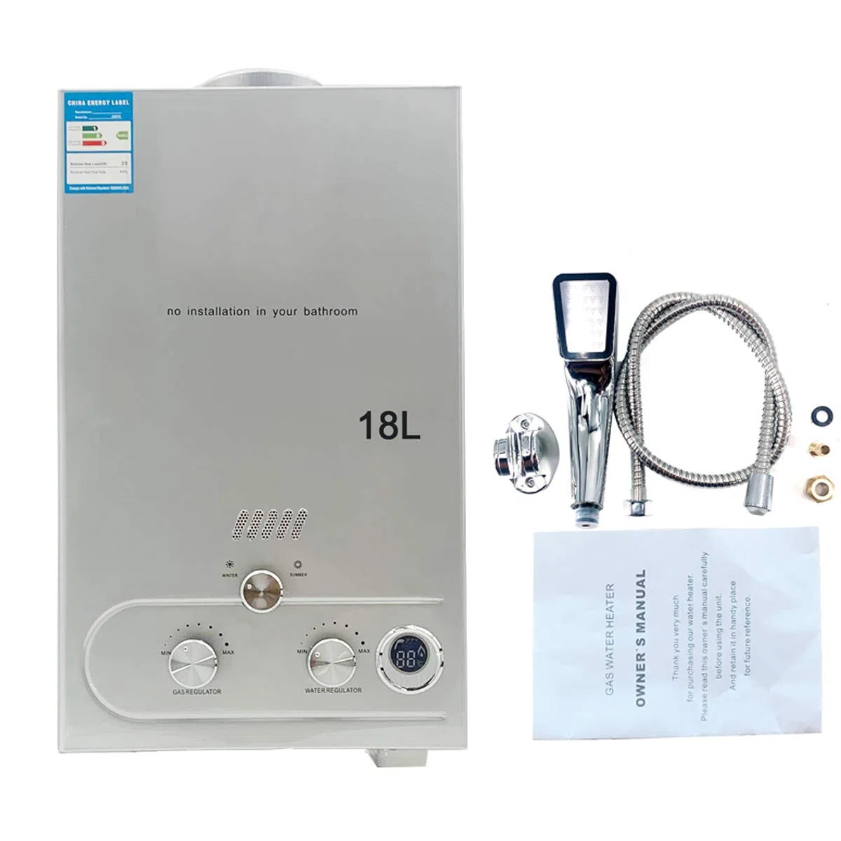 Tragbarer Gas Durchlauferhitzer 18L 36KW Propangas Campingdusche für Außenbereich Bad Warmwasser LPG Warmwasserbereiter Tankless Instant, Silber