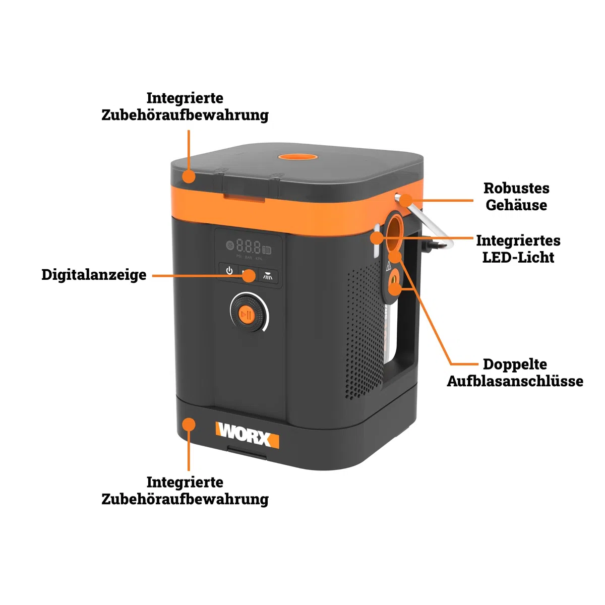 WORX WX098.9 Akku-Kompressor 20V, Multifunktions-Luftpumpe mit Hochdruck & Hochvolumen, Digitaldisplay, LED-Licht, max. 10,3 bar / 150 PSI, PowerShare kompatibel, ohne Akku & Ladegerät