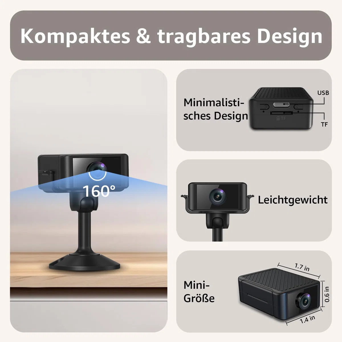 Mini Kamera, 4K HD WLAN Überwachungskamera Innen Für Live Übertragung Handy APP, WiFi Camera Nachtsichtkamera mit Bewegungsmelder/Lange Batterielaufzeit/Cloud-Speicherplat