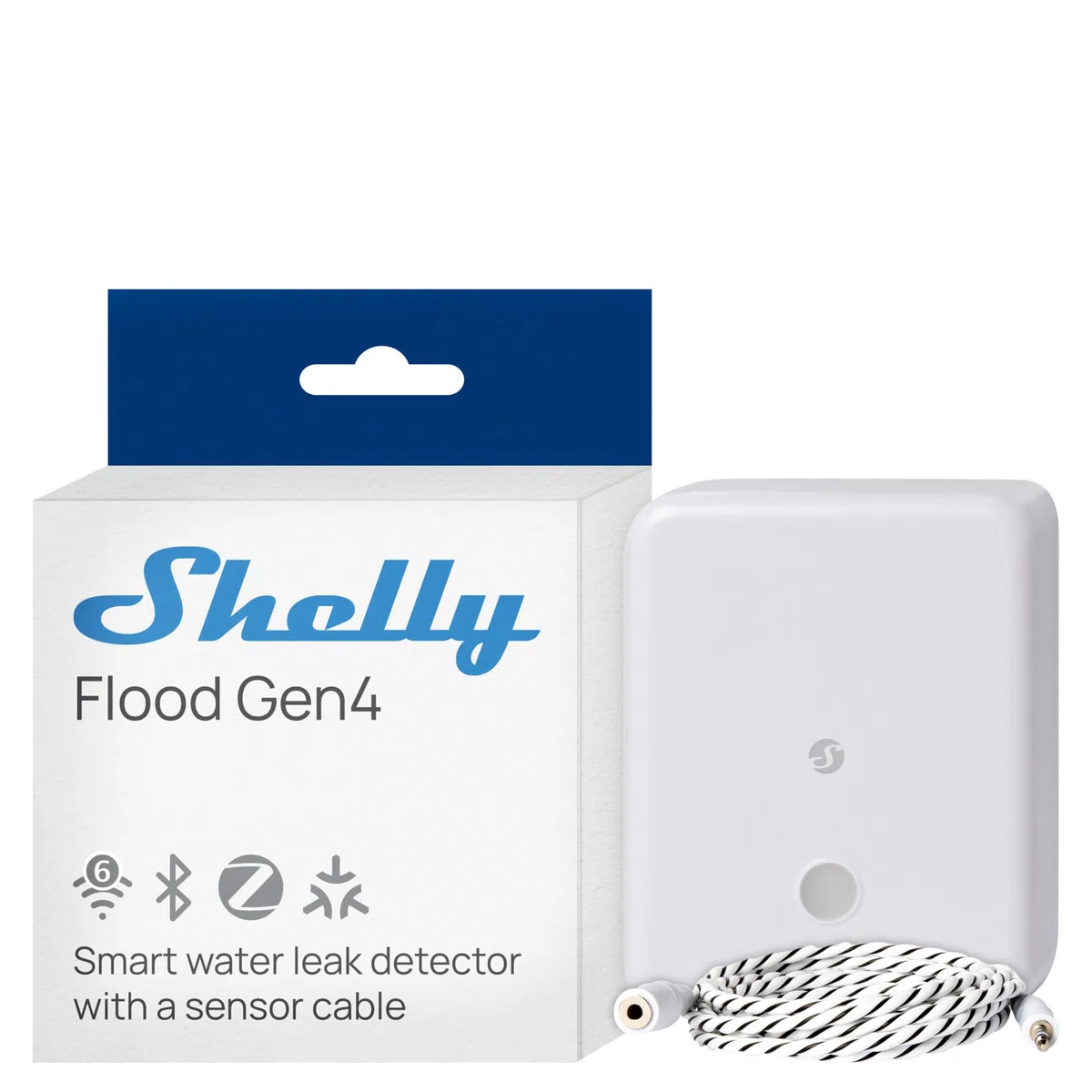 Shelly Flood Gen4 Wassersensor mit Leck-Sensorkabel IP44 Flut- & Regenerkennung Alarmstufen Leckerkennung Zeitschaltuhr Alexa Google Home Zigbee