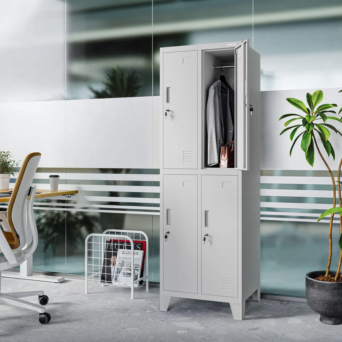 Jan Nowak Spind Metall Schliessfachschrank 4 Fächer Metallschrank abschliessbar 56 x 172 x 45 cm Sozialschrank mit Belueftung Kleiderstange Personalspind