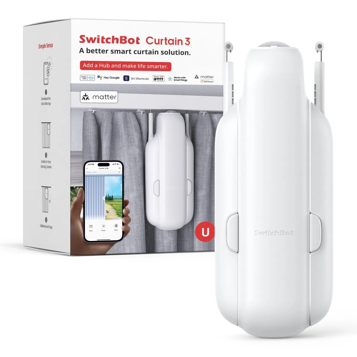 SwitchBot Smart Curtain 3 für U-Schiene: Zieht 16kg, 25dB leise, Bluetooth App-Steuerung & Timer. Smart Home Lösung für HomeKit, Alexa & Google Home (SwitchBot Hub erforderlich)