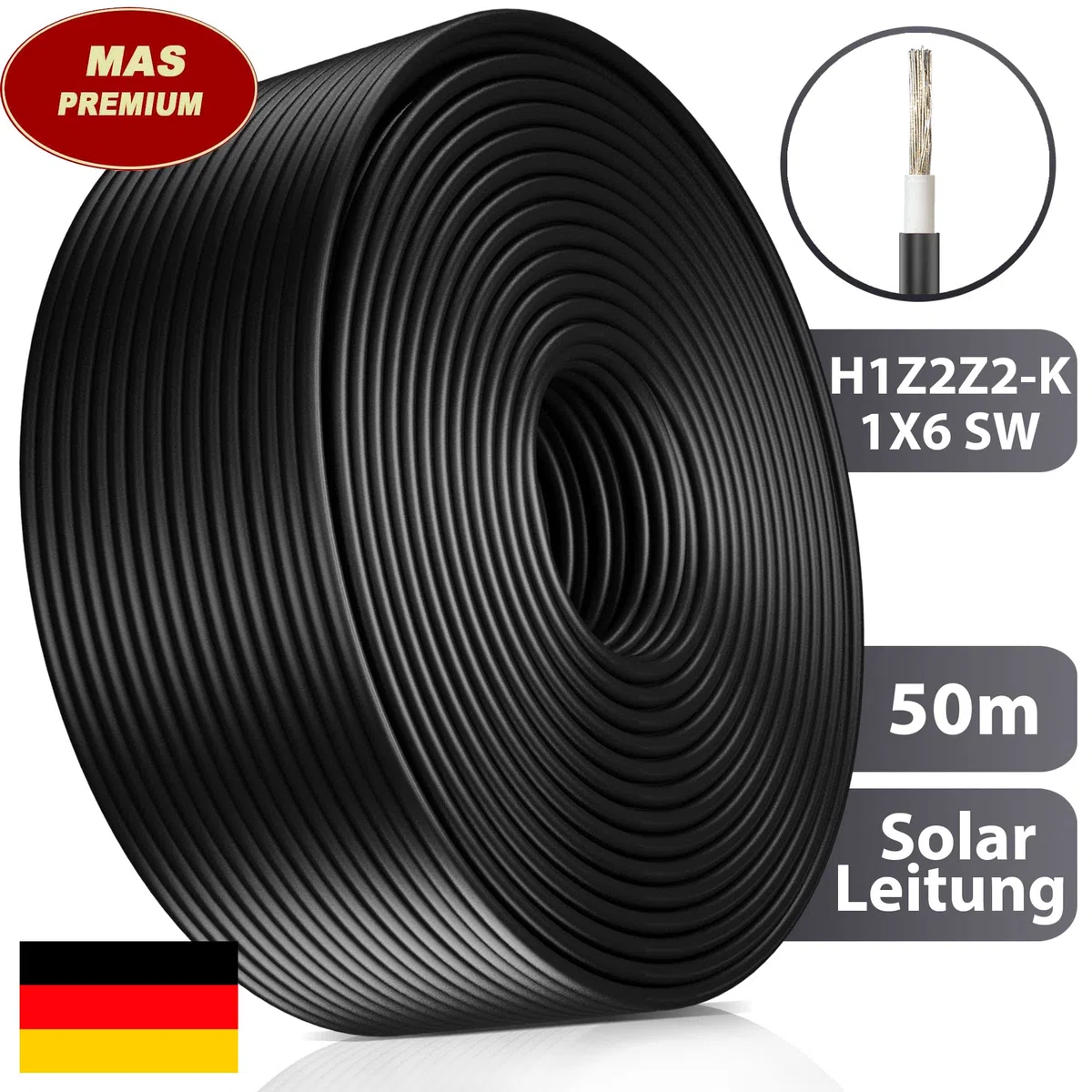 Solarleitung H1Z2Z2-K 6 mm² 50m Schwarz Erdverlegbare Einzelleitung Photovoltaik Halogenfrei Doppelt isoliert