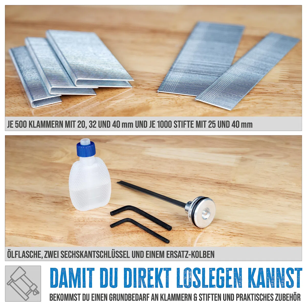Güde Druckluft-Klammergerät/Nagler (max. 6 bar, Test GUT - SEHR GUT, Tiefenkontrollrad, Sicherheitsschlagsperre, inkl. 1500 Klammern (20/32/40 mm) & 2000 Stifte (25/40 mm), Ölflasche, Tragekoffer)