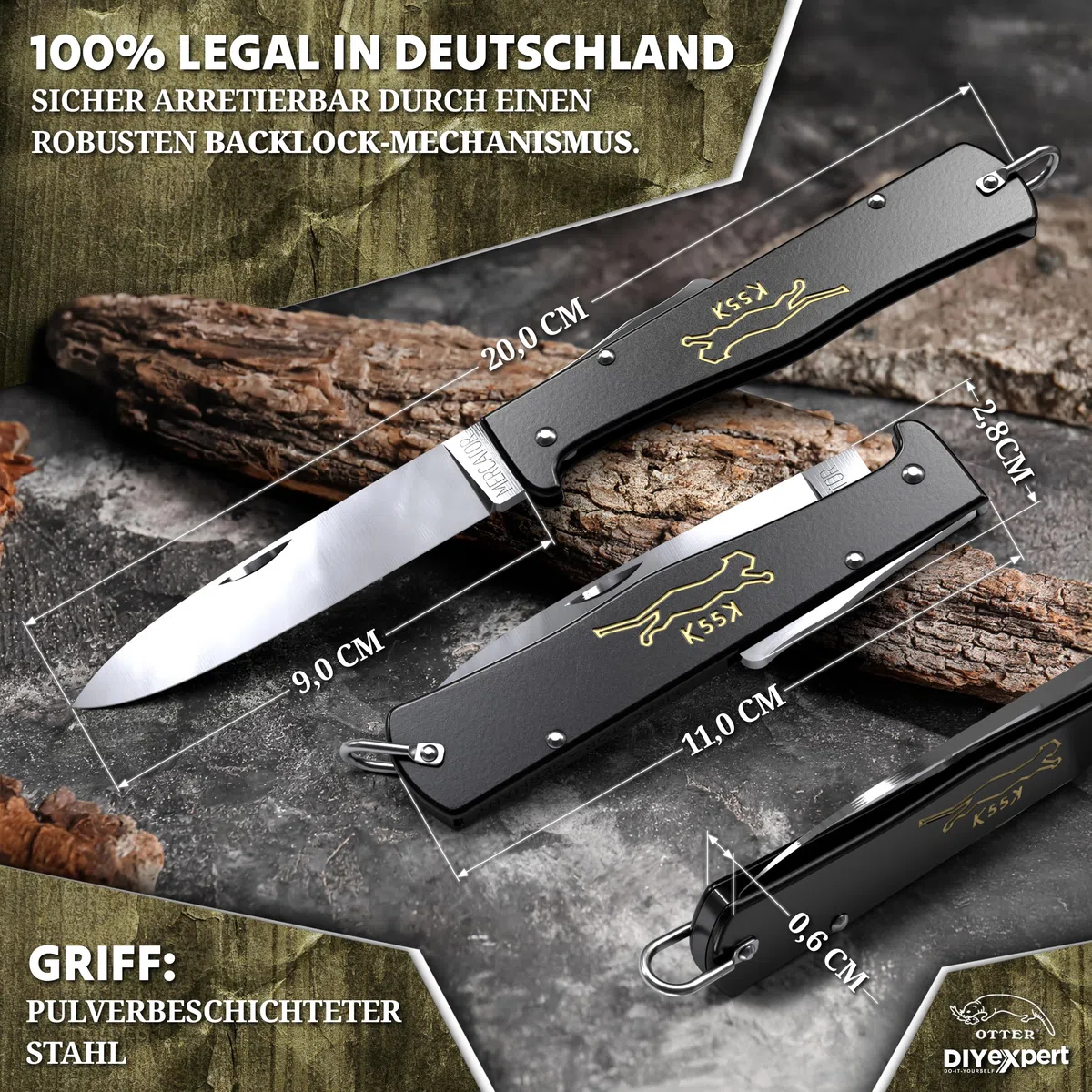 DIYexpert Outdoor-Messer MERCATOR K55K Katze | [Klinge Carbon] | Klappmesser Made in Germany | Ideal als Taschenmesser oder Jagdmesser