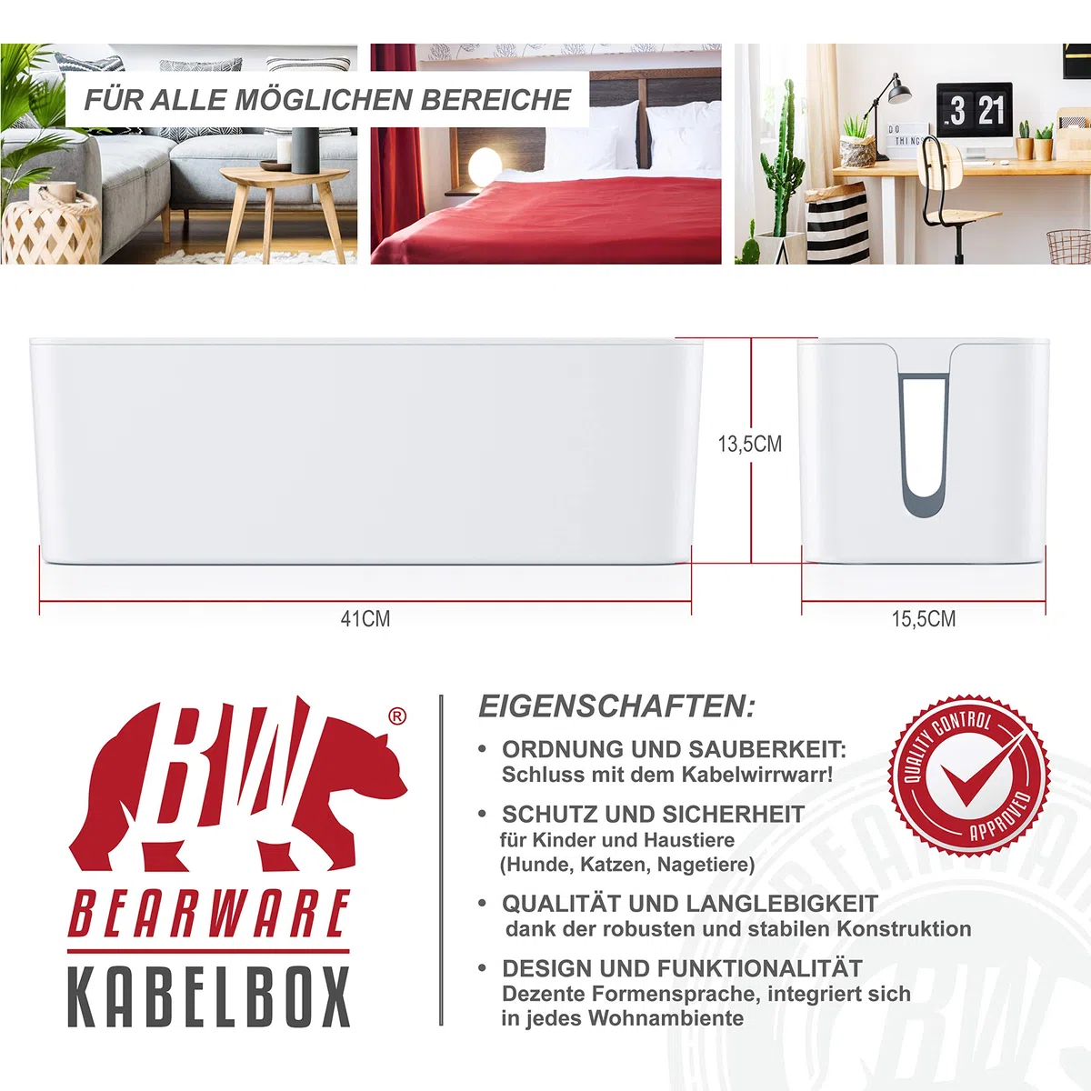 CSL - Kabelbox Groß 41cm - XXL Kabelmanagement Box - Box zum Kabel verstecken - Kabel Organisator - Schutz und Sicherheit - Anti Rutsch Boden - Weiß