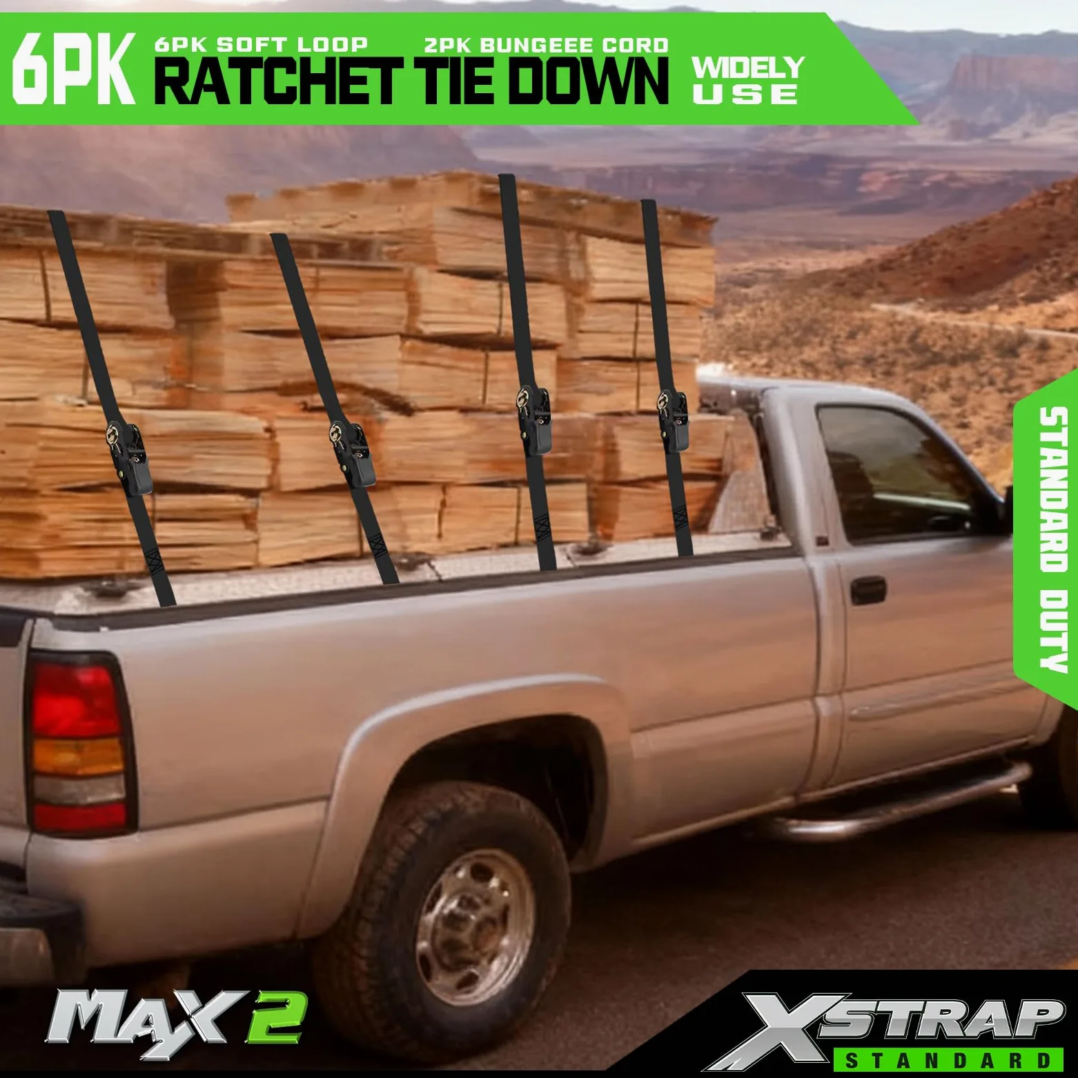 XSTRAP Standard Spanngurte mit Ratsche – 6 Stück, 2,5 cm x 4,8 m – 857 kg Bruchfestigkeit, Sicherheitsverriegelung, S-Haken, mit 6 weichen Schlaufen, 2 Bungee-Schnüre, logistische Cargogurte für