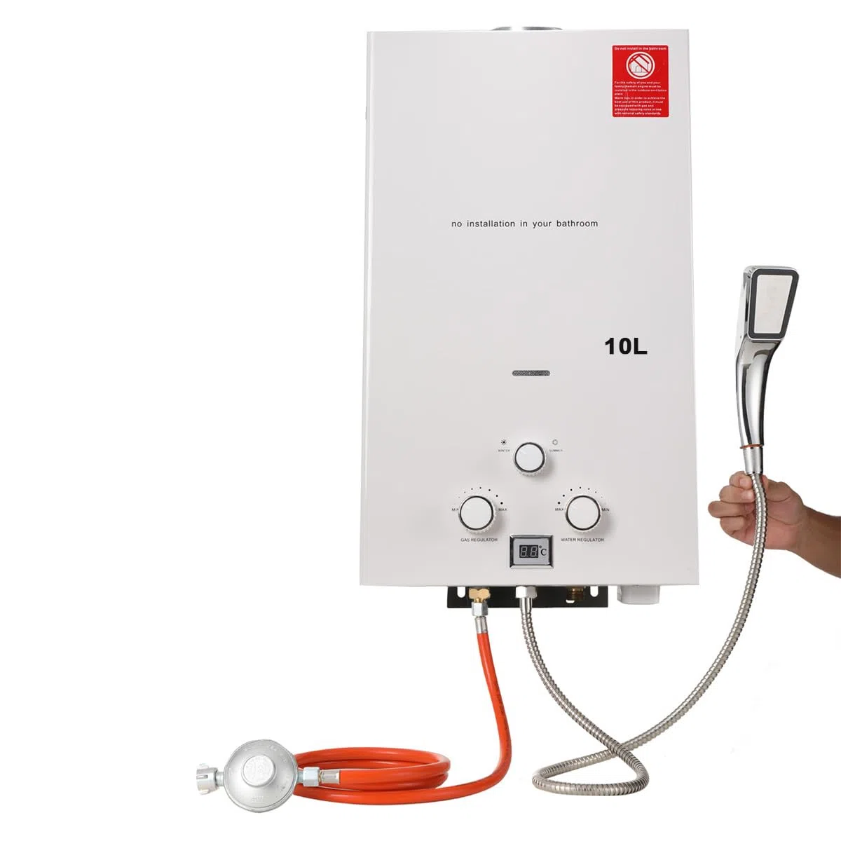 10L 20KW Tragbarer Gas Durchlauferhitzer Propangas Campingdusche mit Gasdruckminderer, für Dusche im Außenbereich Warmwasser Camping Dusche LPG Warmwasserbereiter Warmwasser Tankless Instant