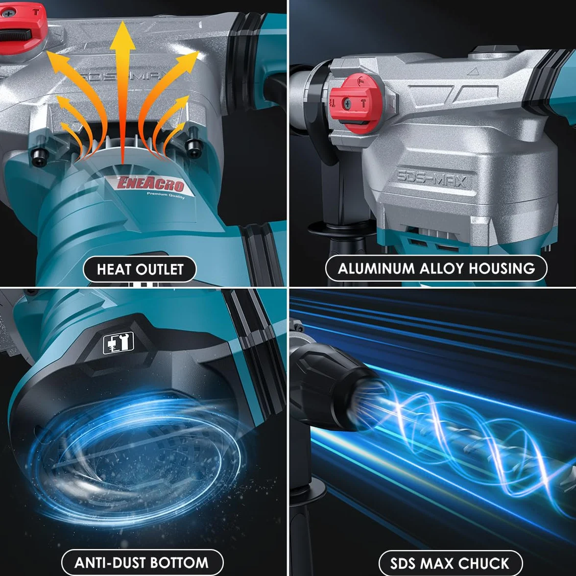 ENEACRO SDS-MAX Bohrhammer,12Joule 1500W Abbruchhammer mit 3 Funktionen, Anti-Vibrationsgriff und Sicherheitskupplung, 40 mm Bohrleistung in Beton， Mit Bohrer und Meißel, Werkzeugpaket