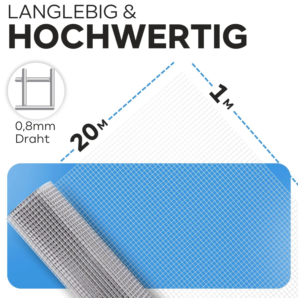 KrapTrap Volierendraht Drahtgitter, verzinkt, 20 m x 1 m, 12 x 12 mm, stabiler Kaninchendraht, Wühlmausgitter, Vogeldraht