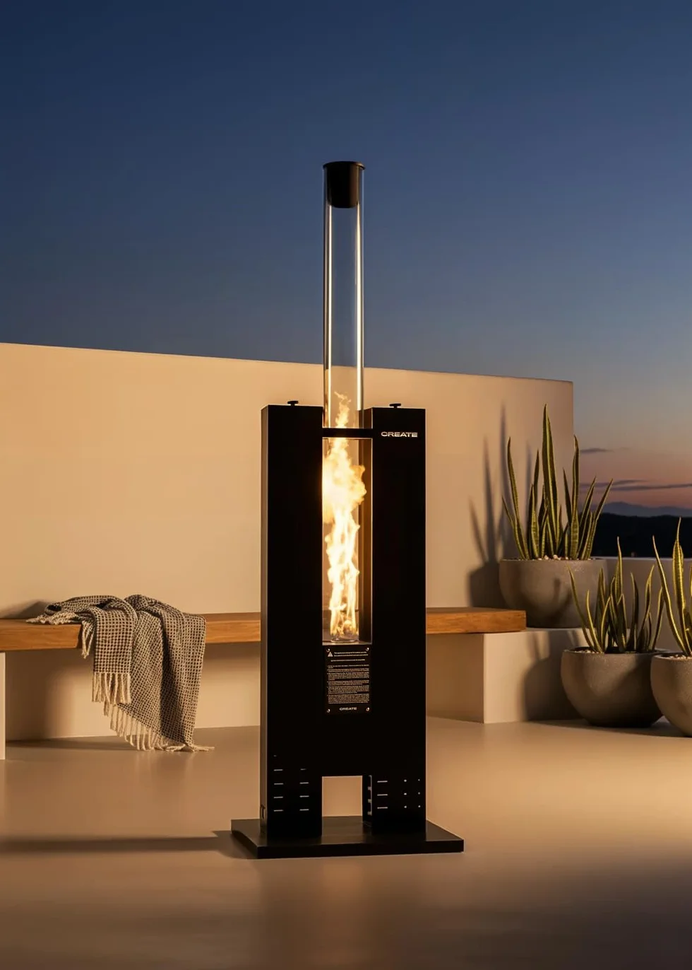 CREATE/FIRE TUBE HEATER/Rauchfreier Pelletofen für den Außenbereich / 8,2 kW, rauchfrei, widerstandsfähige Materialien, Fassungsvermögen 3,6 kg Pellets, Reichweite bis zu 9 m2