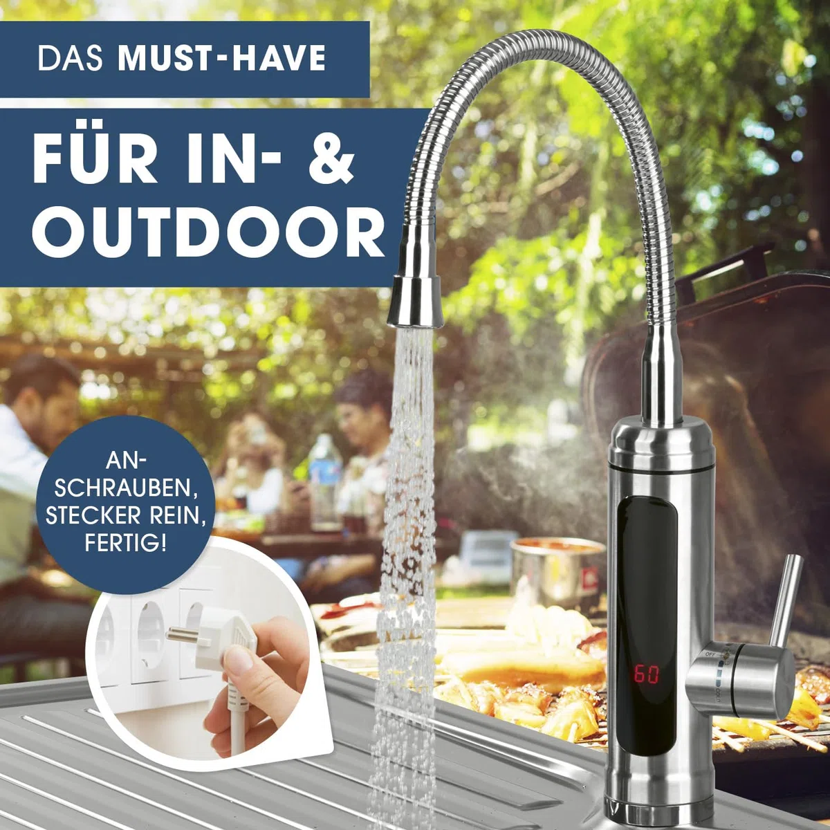 MAXXMEE Elektrische Edelstahl Armatur plus integrierter Durchlauferhitzer | Wasserhahn mit Heizspirale & LED Temperaturanzeige | 2 wechselbare Wasserhähne | über 60 °C warmes Wasser ohne Vorheizen