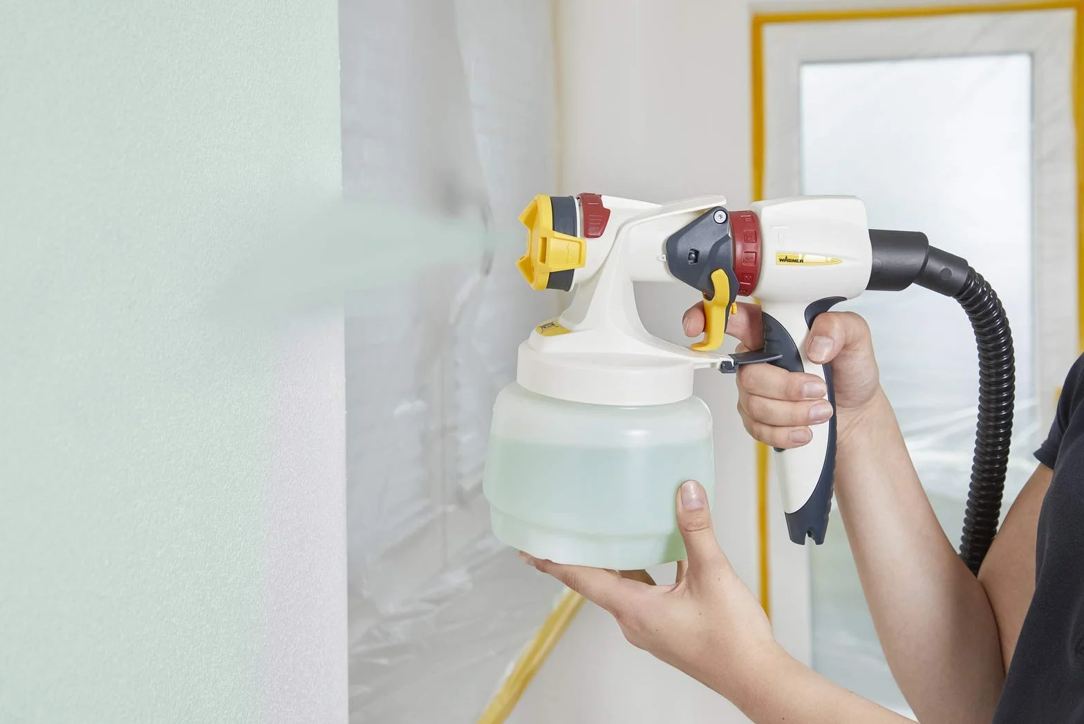 WAGNER Farbsprühsystem W 450 für Wand- und Latexfarben im Innenbereich, 15 m²-10 min, Behälter 1300 ml, 460 W, Schlauch 1,8 m