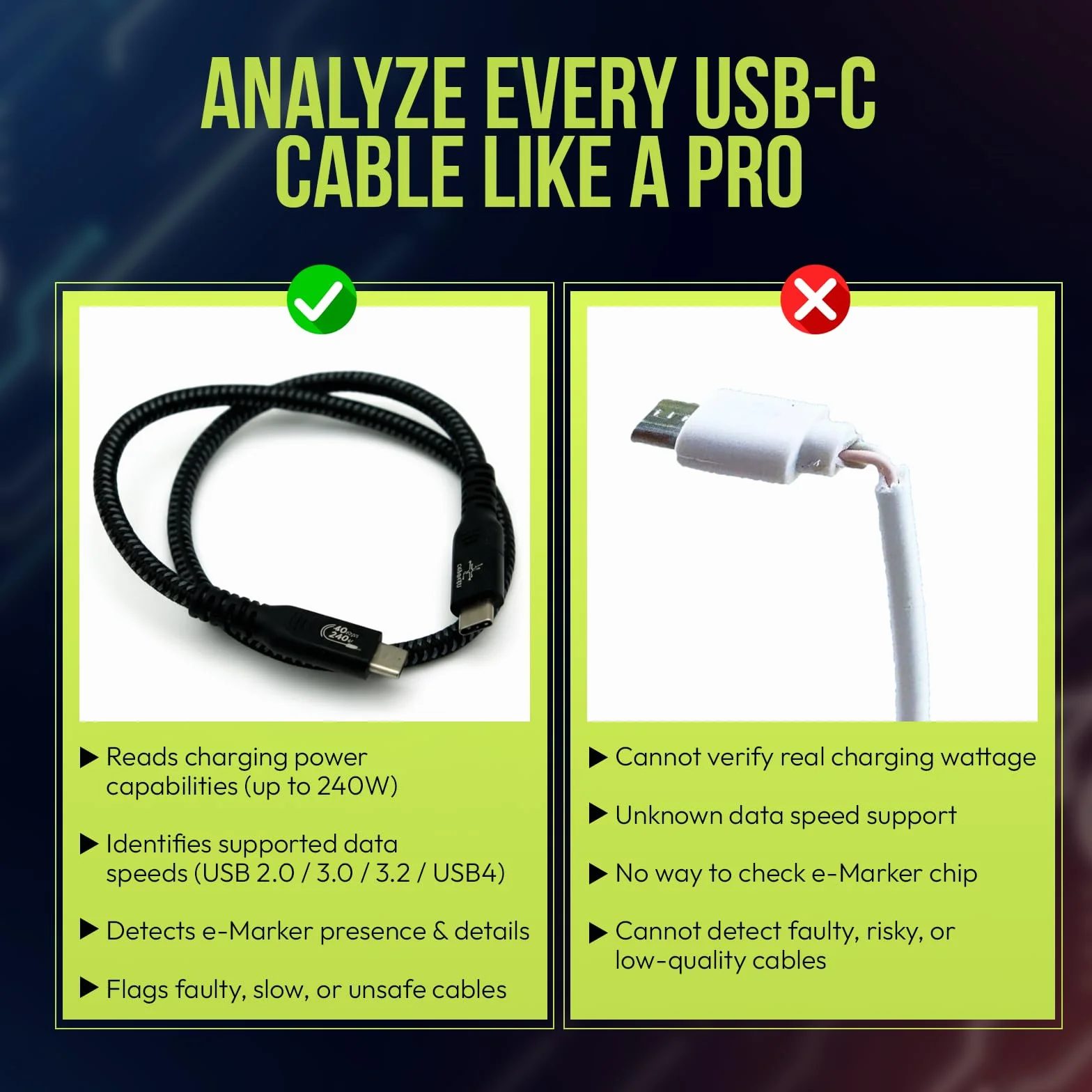 BLE caberQU Digitaler USB-C-Kabeltester, USB PD 3.0/3.1/3.2 eMarker-Anzeige, 25-polige Kontinuitäts-Pinbelegung, USB 2/3/4, Kabelwiderstand, iOS- und Android-App (BLE caberQU)