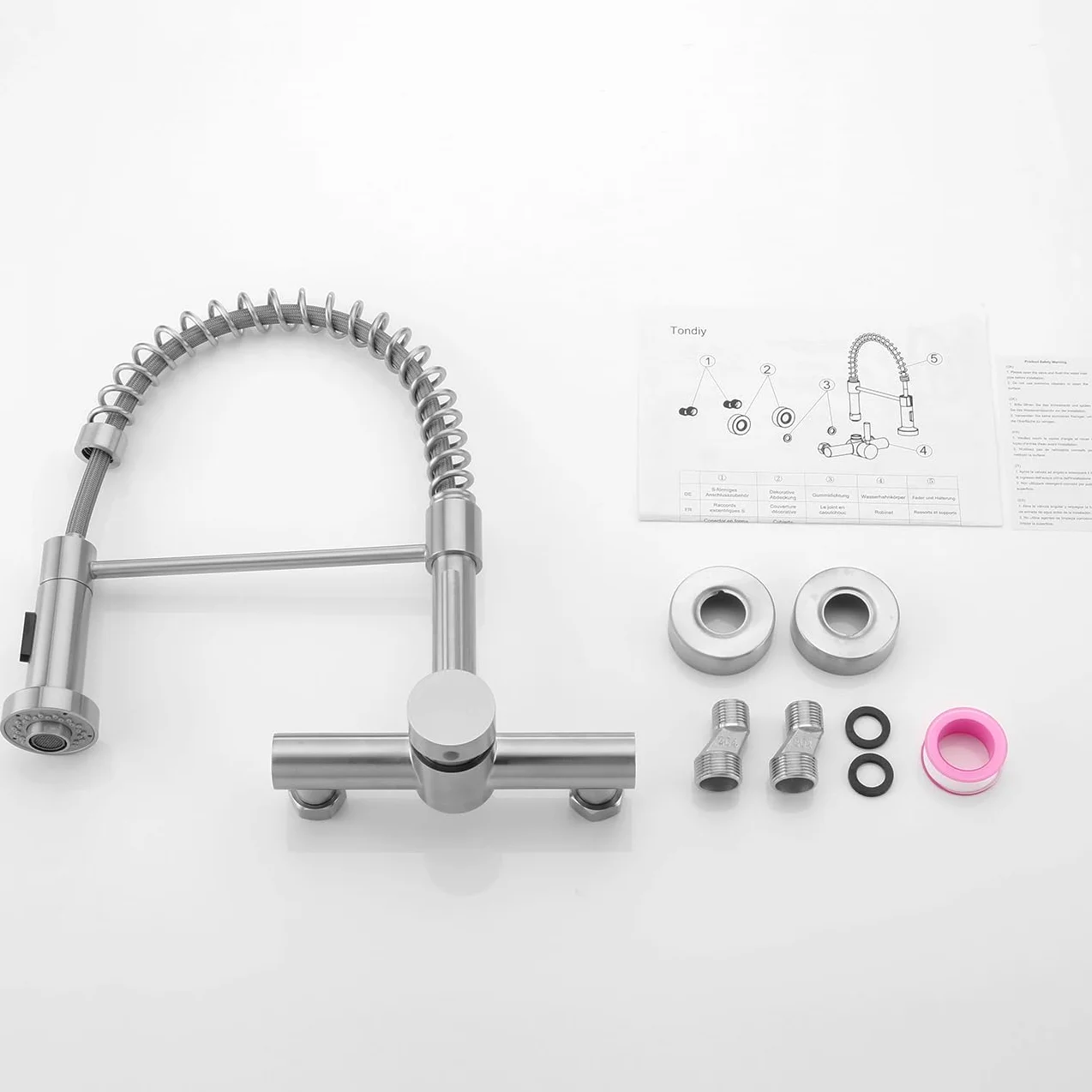 Küchenarmatur Wandmontage mit Herunterziehbare Brause, Hoch Gebogen Wandarmatur mit 2 Strahlarten, 360° drehbar Mischbatterie Wand Wasserhahn Küche aus Edelstahl, Matt