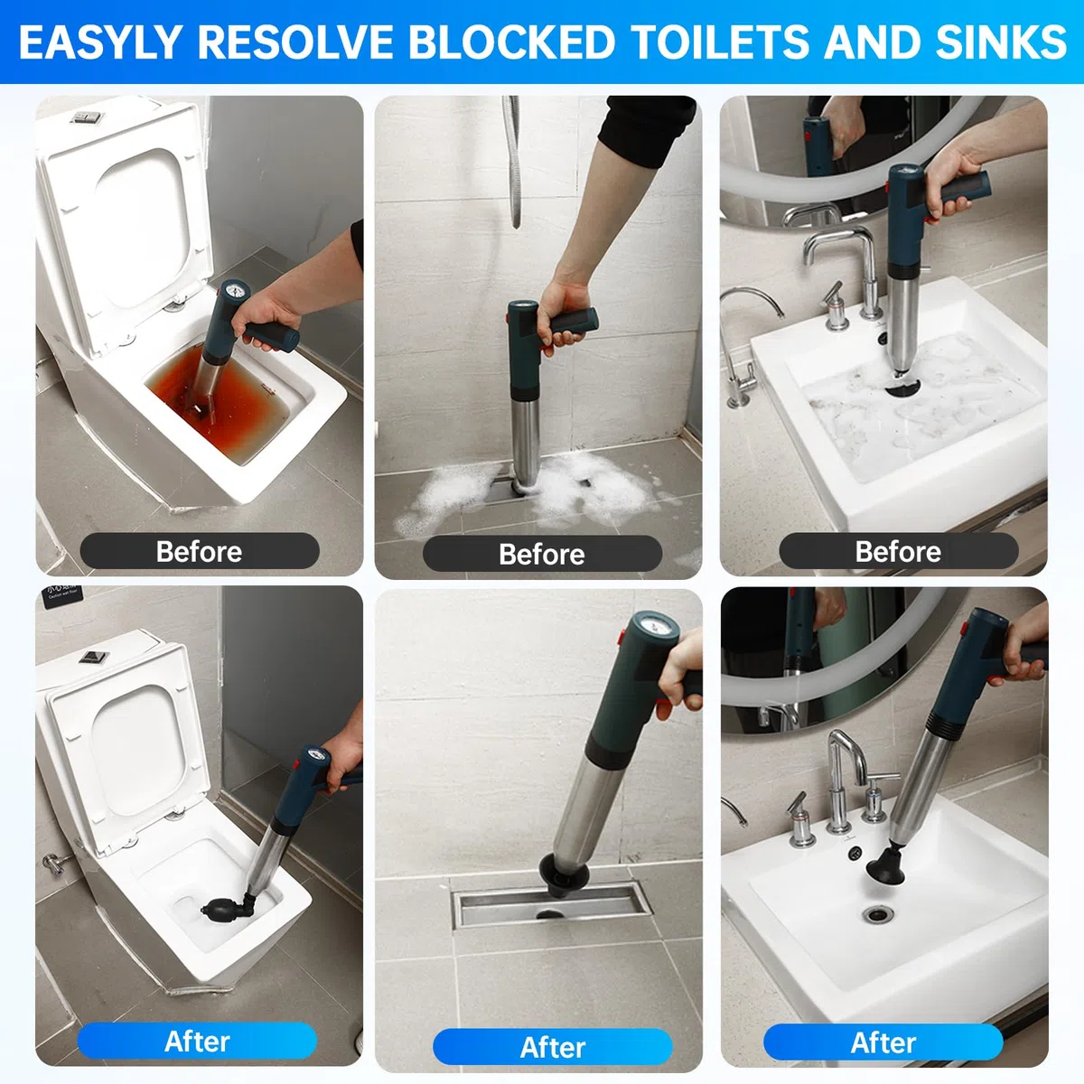 Rohrreiniger Druckluft, 4 in 1 Pömpel Toilette, Abflussreiniger Pumpe, Pressluft Rohrreiniger mit Luftdruckanzeige, für Waschbecken, Bodenablauf, Badezimmer, Toiletten, Dusche
