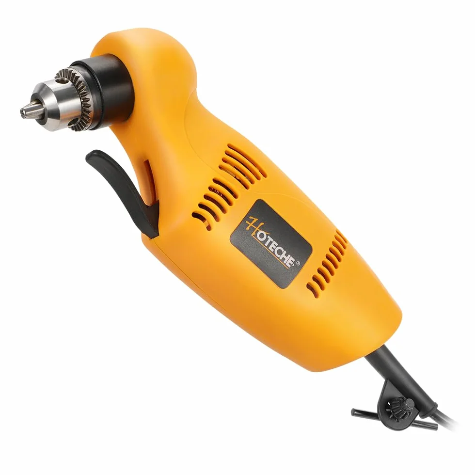 Hoteche 450W Winkelbohrmaschine – Leistungsstarker 220-240V Bohrer mit 0-1400rpm, 10mm Schlüsselaufnahme, variablem Geschwindigkeitsregler, VDE-Stecker, inkl. Zubehör – Ideal für Holz und Metall