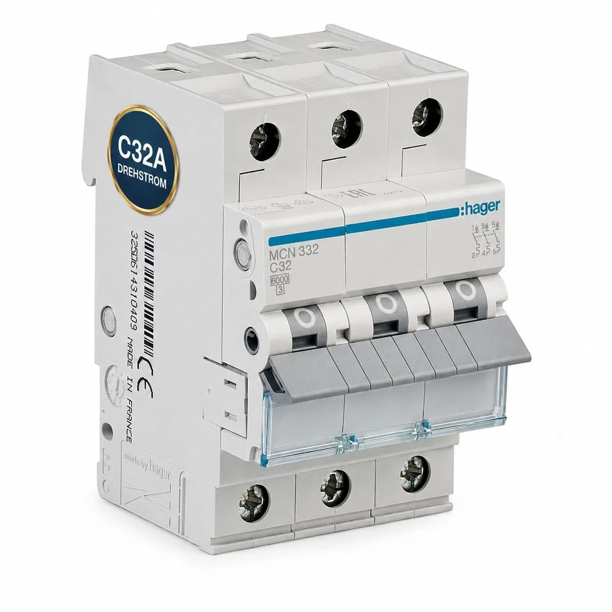 Hager MCN332 Leitungsschutzschalter 3-polig C32A, LS-Schalter 32A für Drehstrom & Hutschiene, 6kA Sicherungsautomat, biconnect Klemmsystem, DIN EN 60898-1, 230/400V AC