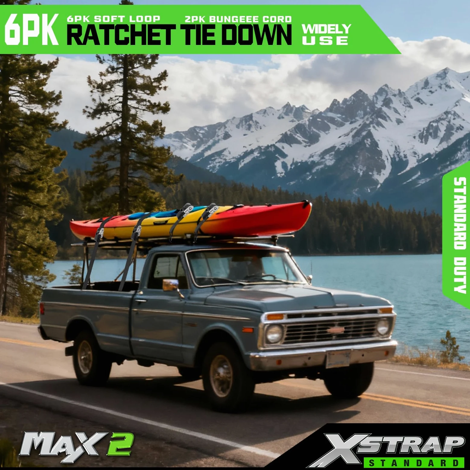 XSTRAP Standard Spanngurte mit Ratsche – 6 Stück, 2,5 cm x 4,8 m – 857 kg Bruchfestigkeit, Sicherheitsverriegelung, S-Haken, mit 6 weichen Schlaufen, 2 Bungee-Schnüre, logistische Cargogurte für