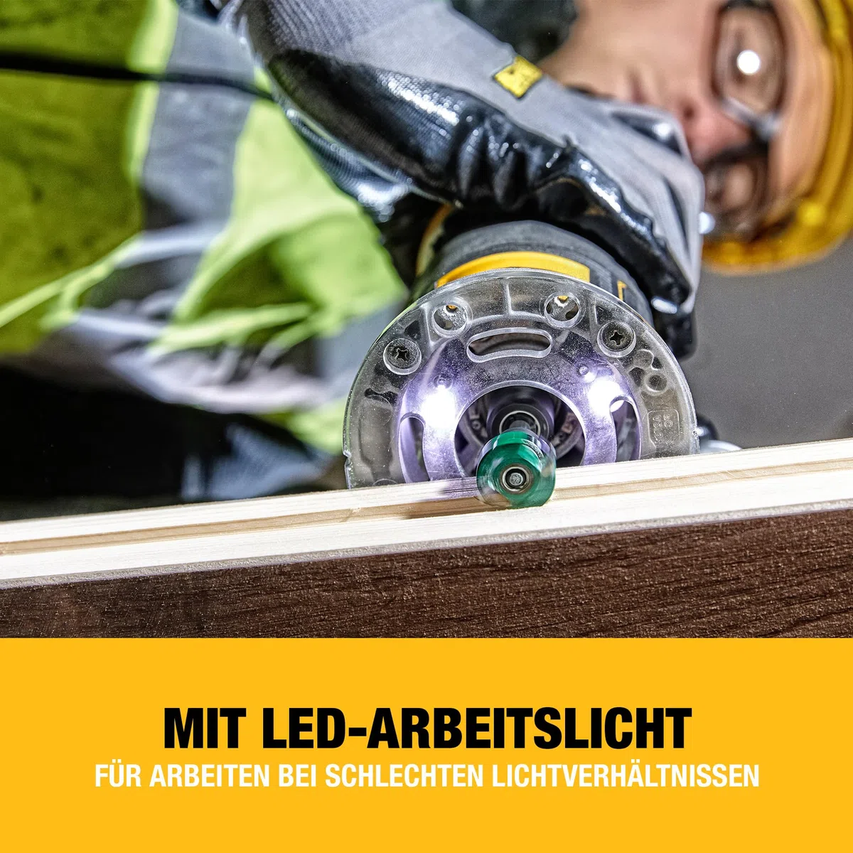 DEWALT 18V Akku-Kombifräse (einsetzbar als Ober- oder Kantenfräse, bürstenloser Motor, 6-8 mm Werkzeugaufnahme, max. Fräs-ø: 36 mm, Fräskorbhub: 55 mm, Lieferung ohne Akku & Ladegerät), DCW604NT-XJ